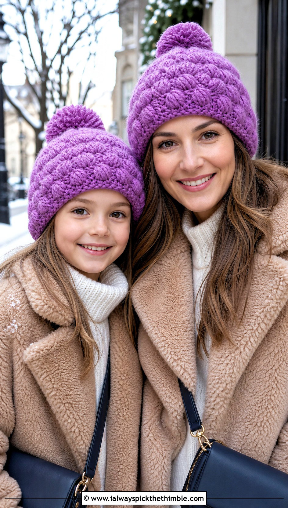 Puff Stitch Crochet Beanie With Teddy Coats - 20 Mommy And Me Crochet Hats outfit ideas