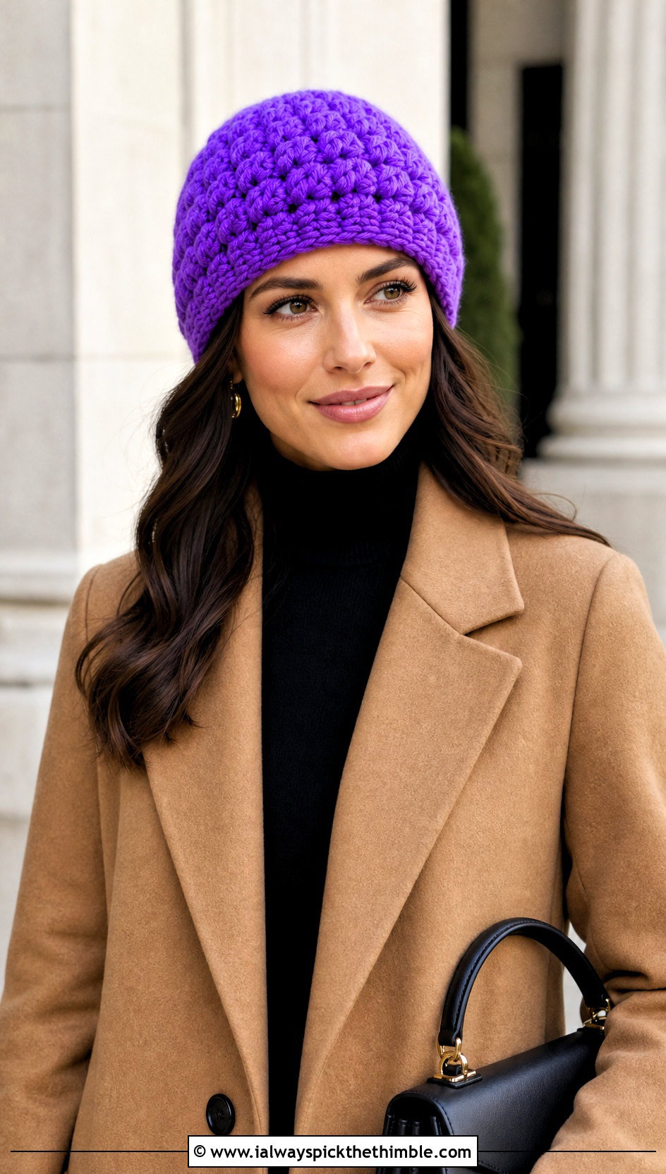 Puff Stitch Crochet Beanie With Wool Coat - 20 unique crochet beanie outfit ideas
