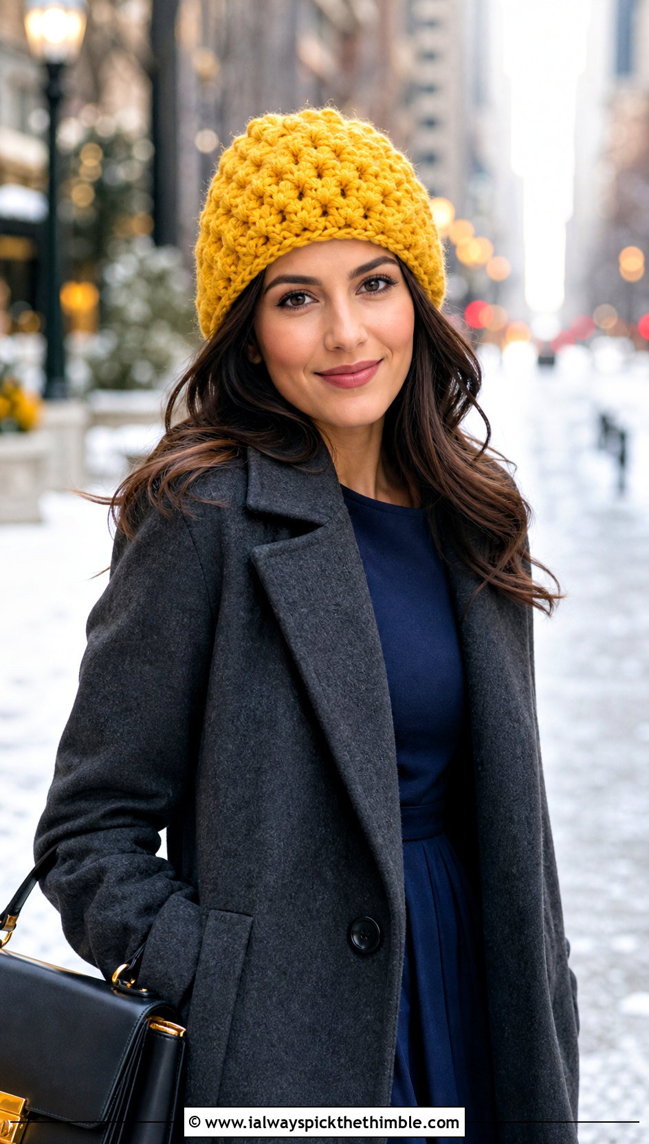 Puff Stitch Crochet Beanie With Wool Coat And Midi Dress - 25 crochet beanies outfit ideas