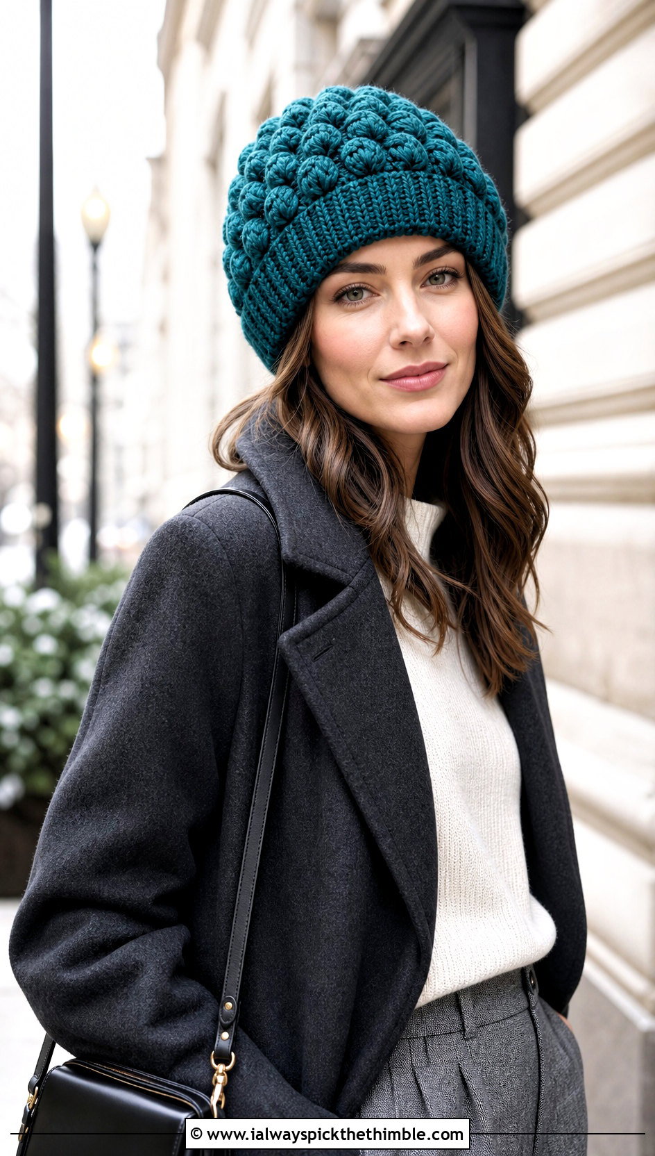 Puff Stitch Crochet Beanie With Wool Coat - 15 Womens Crochet Beanie outfit ideas