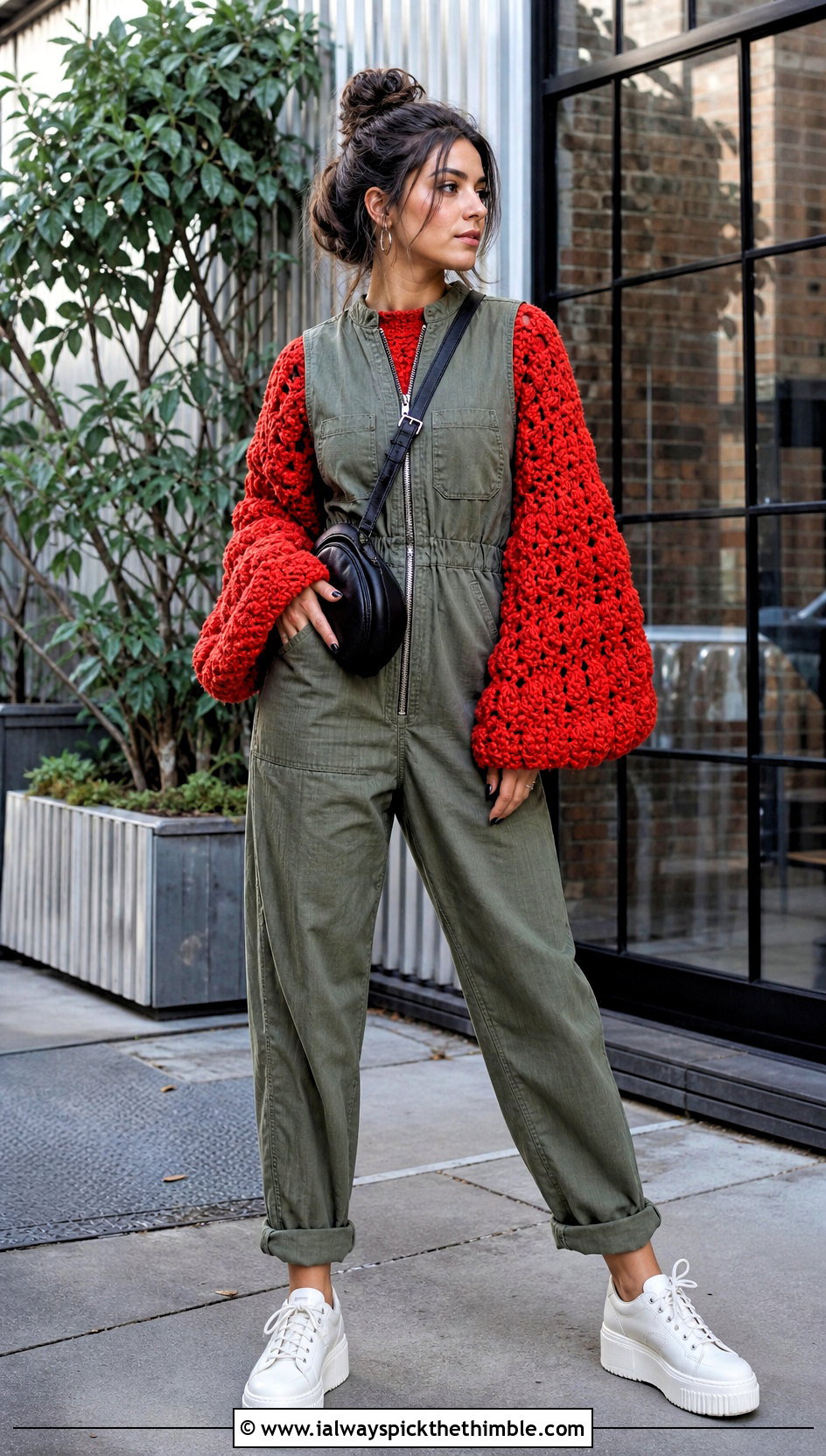 Puff Stitch Crochet Bell Sleeve Sweater With Utility Jumpsuit - 20 crochet bell sleeve sweater outfit ideas