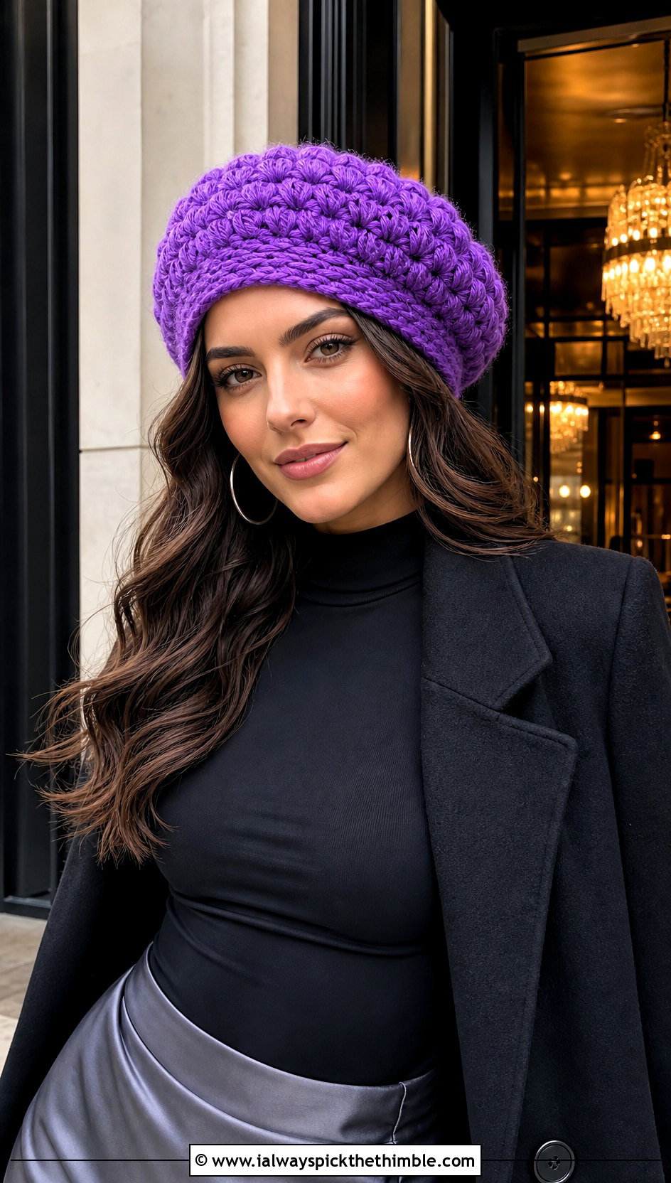 Puff Stitch Crochet Beret With Satin Skirt - 20 crochet berets outfit ideas