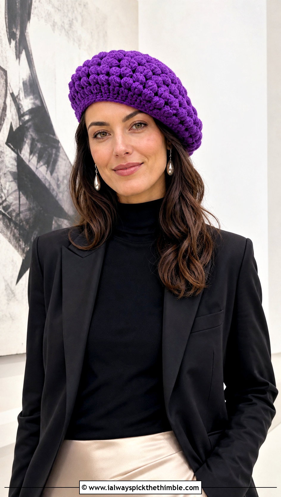 Puff Stitch Crochet Beret With Satin Skirt - 15 Textured Crochet Hat outfit ideas