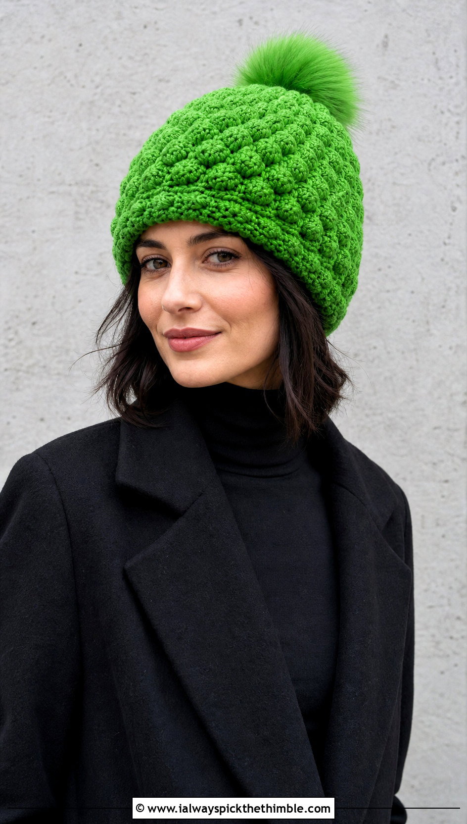 Puff Stitch Crochet Bobble Beanie With Monochrome Outfit - 20 crochet bobble hat outfit ideas