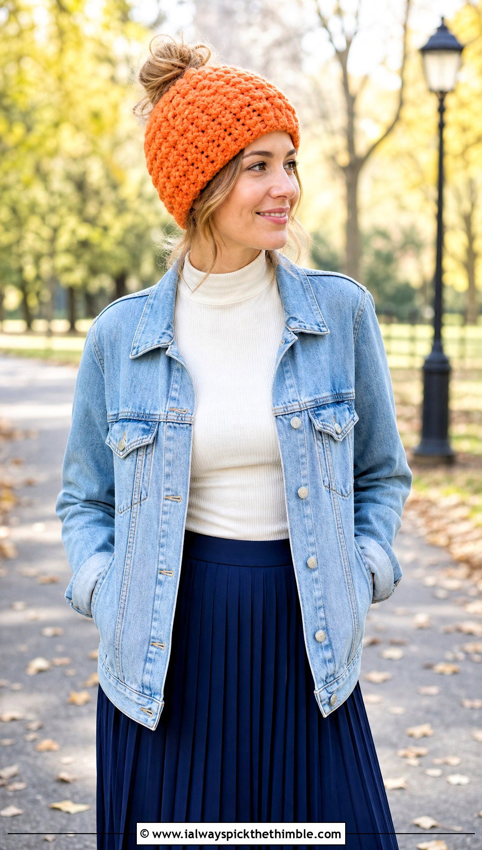 Puff Stitch Crochet Bun Hat With Denim Jacket And Midi Skirt - 15 Crochet Bun Hats outfit ideas