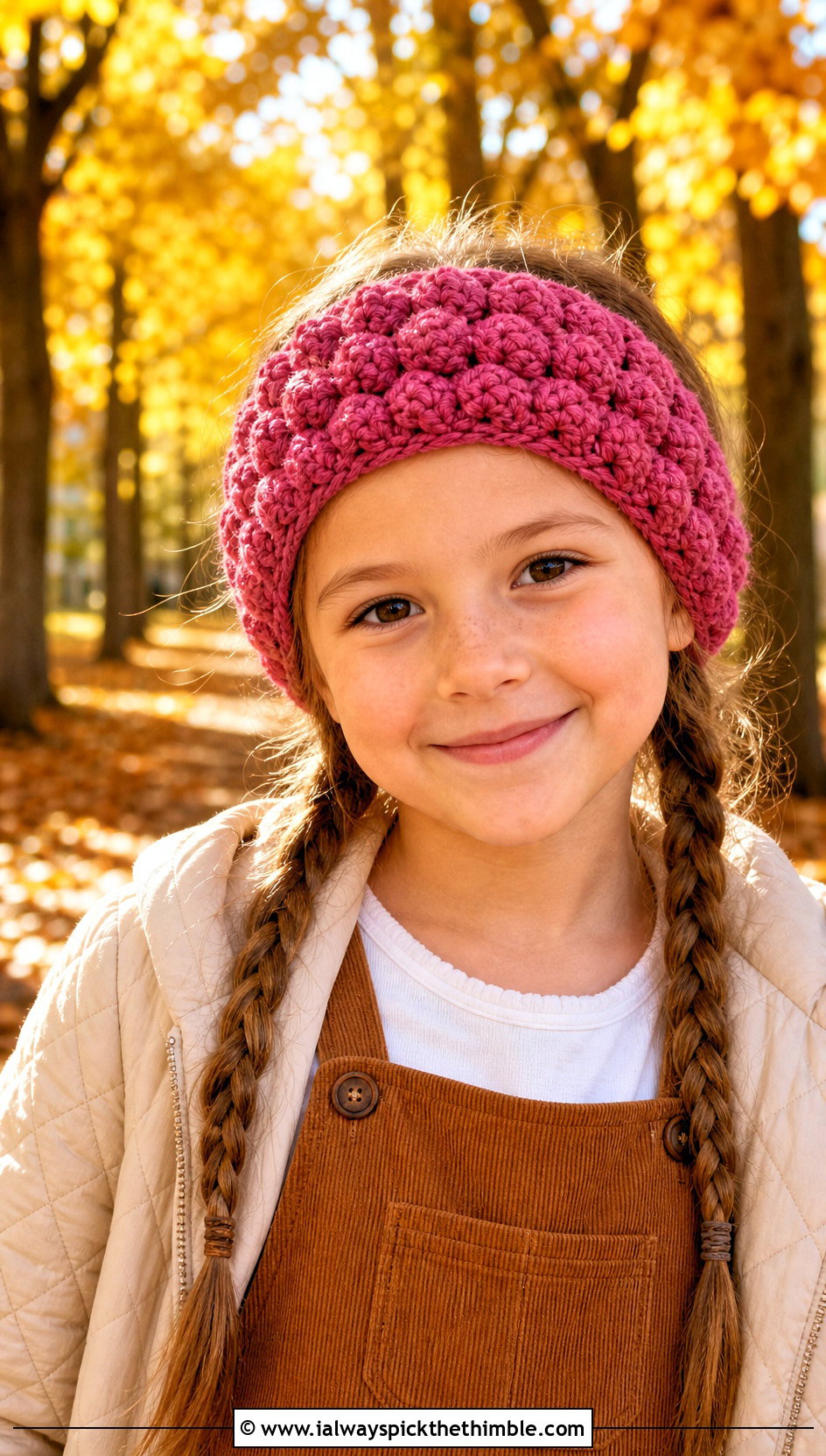 Puff Stitch Crochet Childs Headband With Corduroy Dress - 20 Crochet Childs Headband outfit ideas