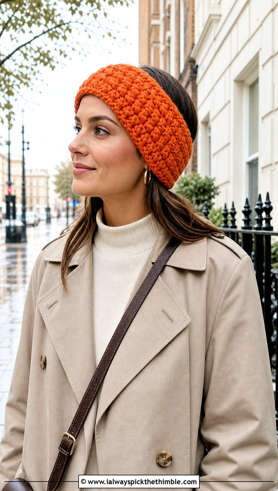 Puff Stitch Crochet Chunky Ear Warmer With Trench Coat - 20 Crochet Chunky Ear Warmer outfit ideas