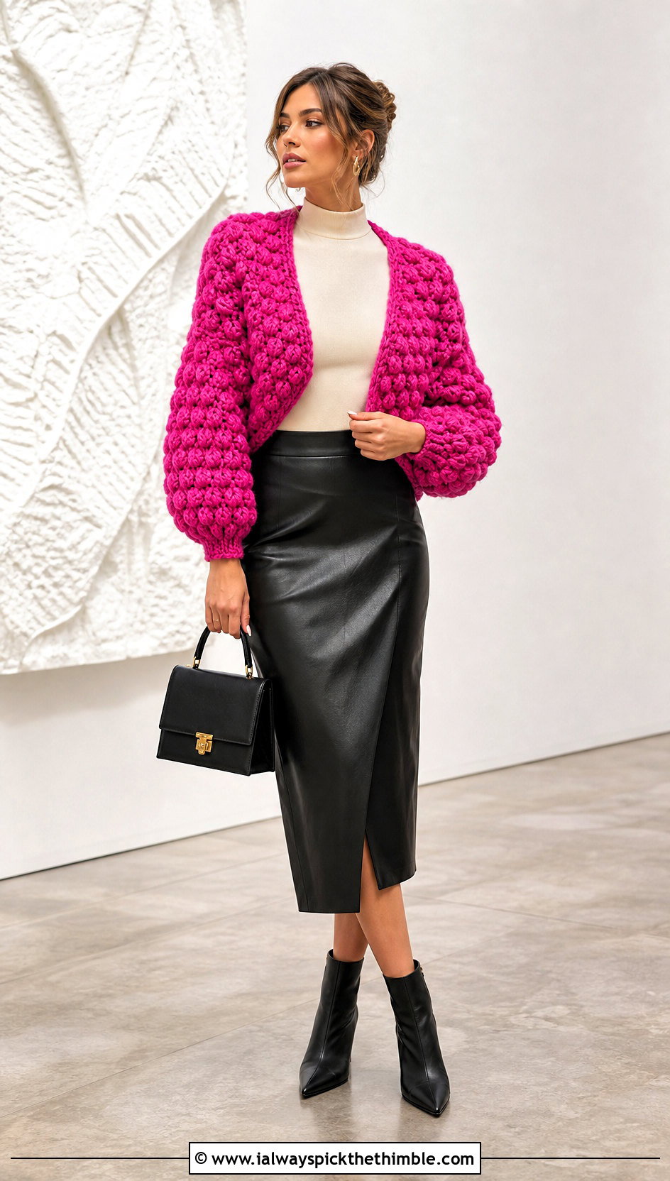 Puff Stitch Crochet Cocoon Shrug With Leather Midi Skirt - 20 crochet cocoon shrug outfit ideas