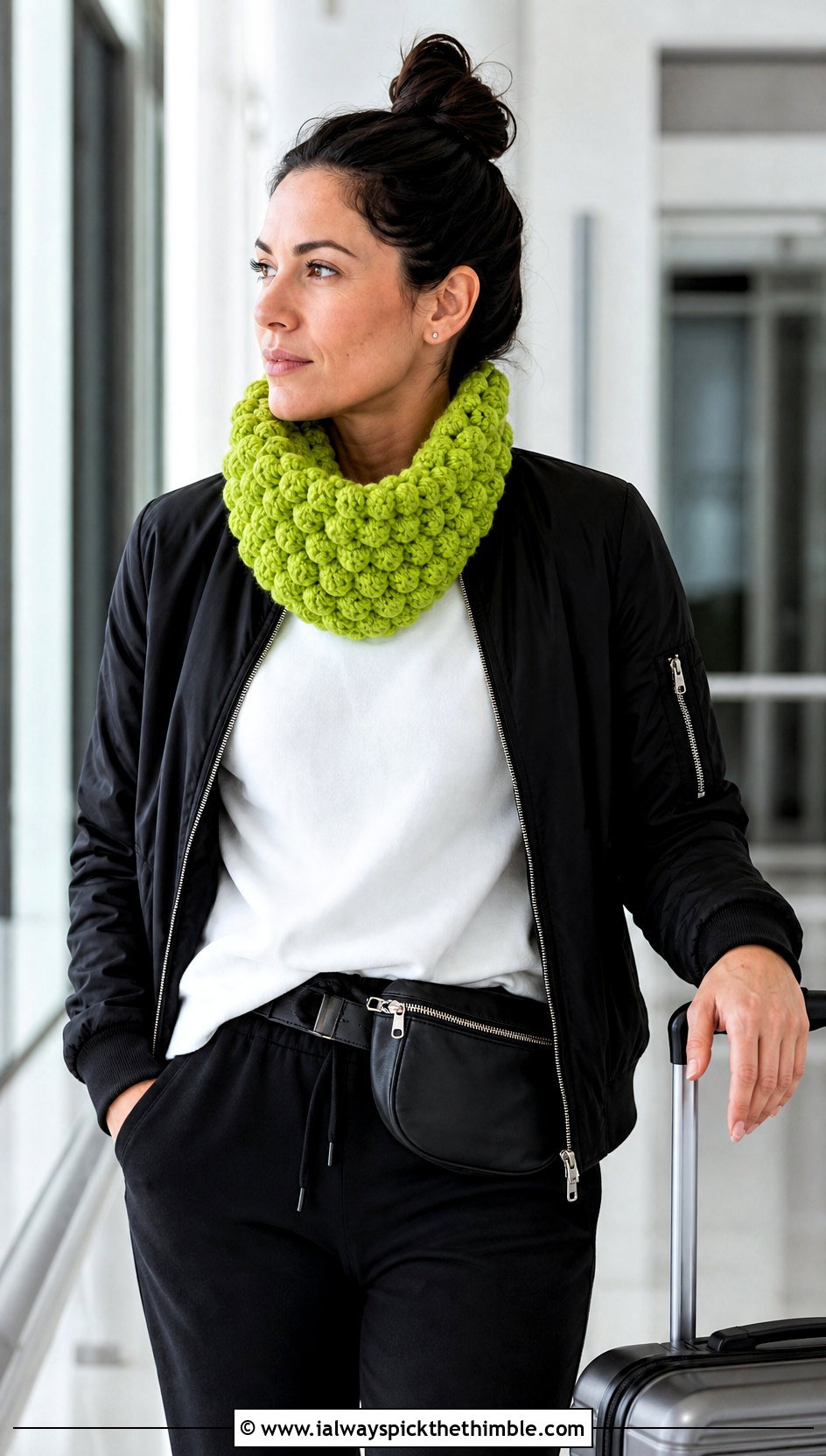 Puff Stitch Crochet Cowl With Bomber Jacket and Joggers - 25 fall crochet scarf outfit ideas
