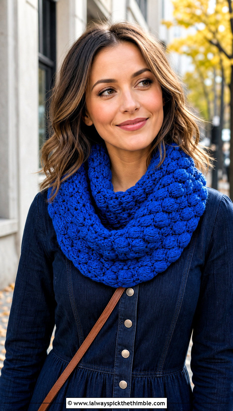 Puff Stitch Crochet Cowl With Denim Dress - 20 crochet scarf design ideas