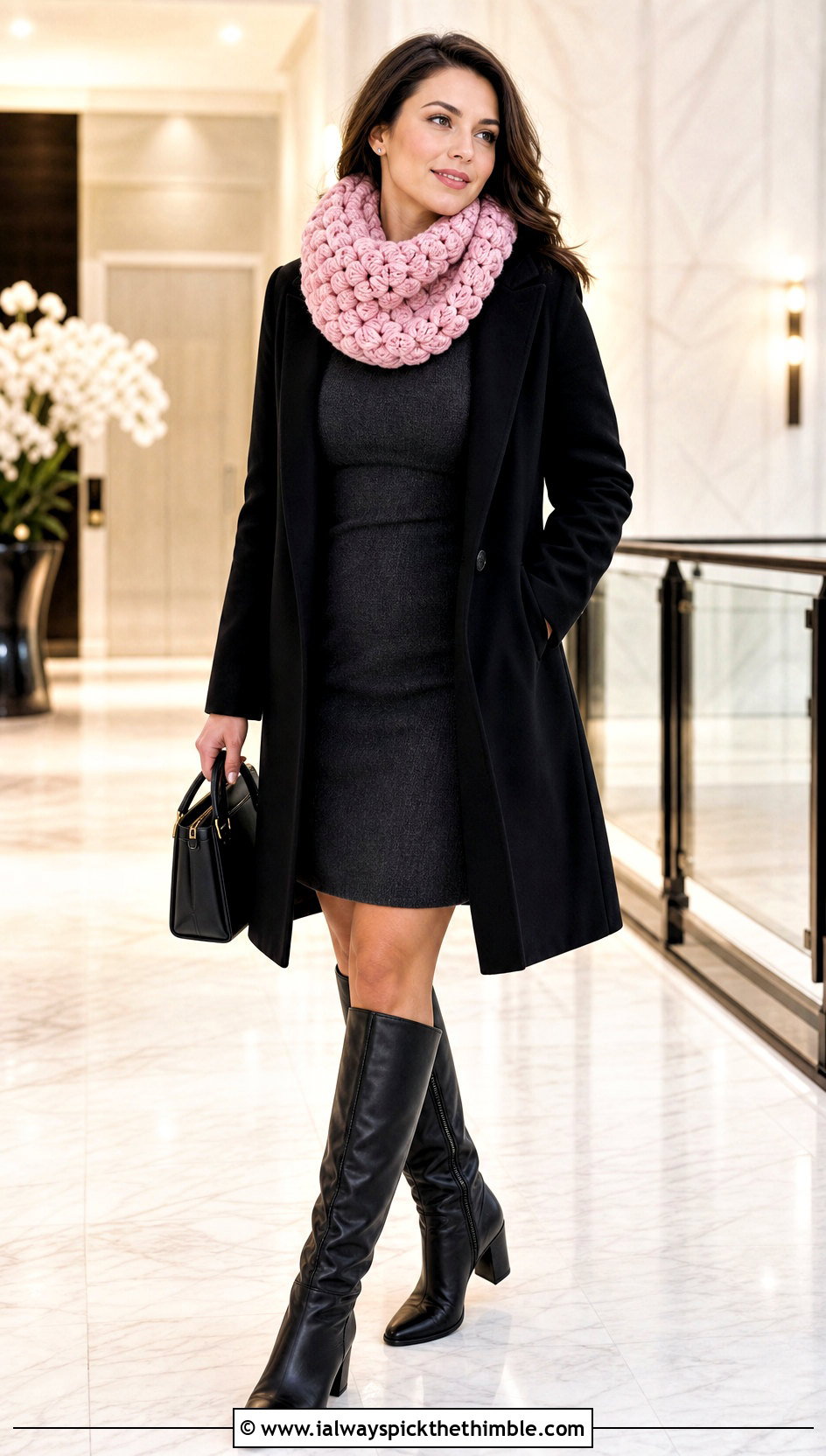 Puff Stitch Crochet Cowl With Sweater Dress - 20 Wool Ease Thick And Quick Crochet Cowl outfit ideas