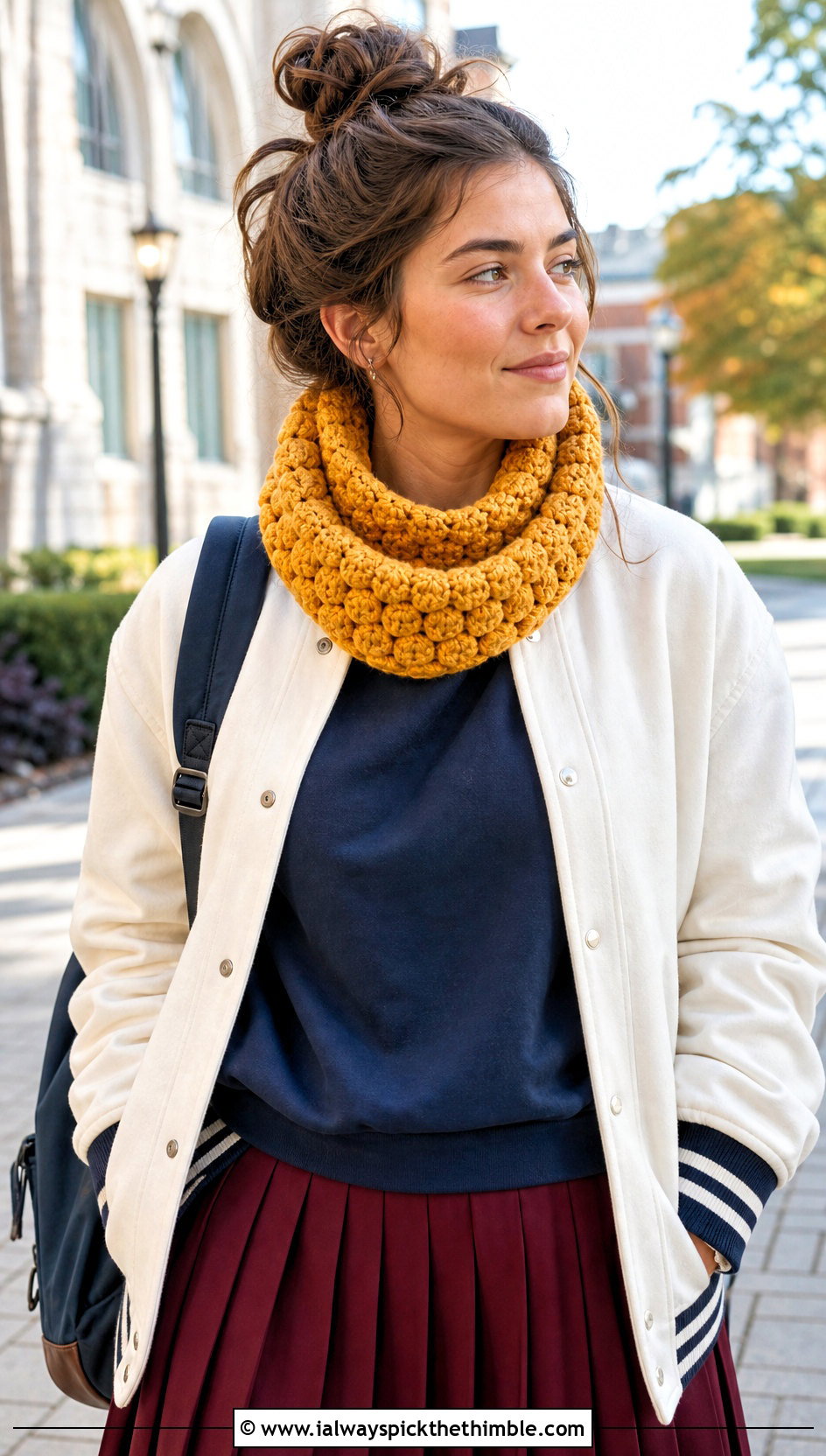 Puff Stitch Crochet Cowl With Varsity Jacket - 25 crochet cowl neck warmer outfit ideas