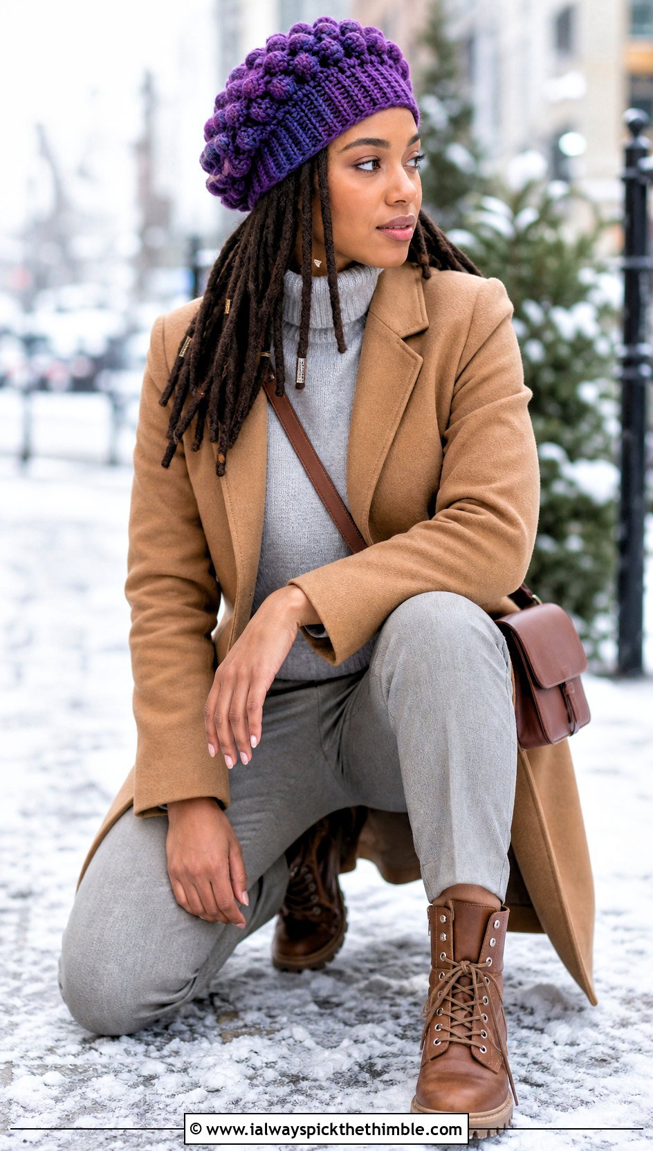 Puff Stitch Crochet Dreadlock Tam With Wool Coat And Trousers - 20 Crochet Dreadlock Hat outfit ideas