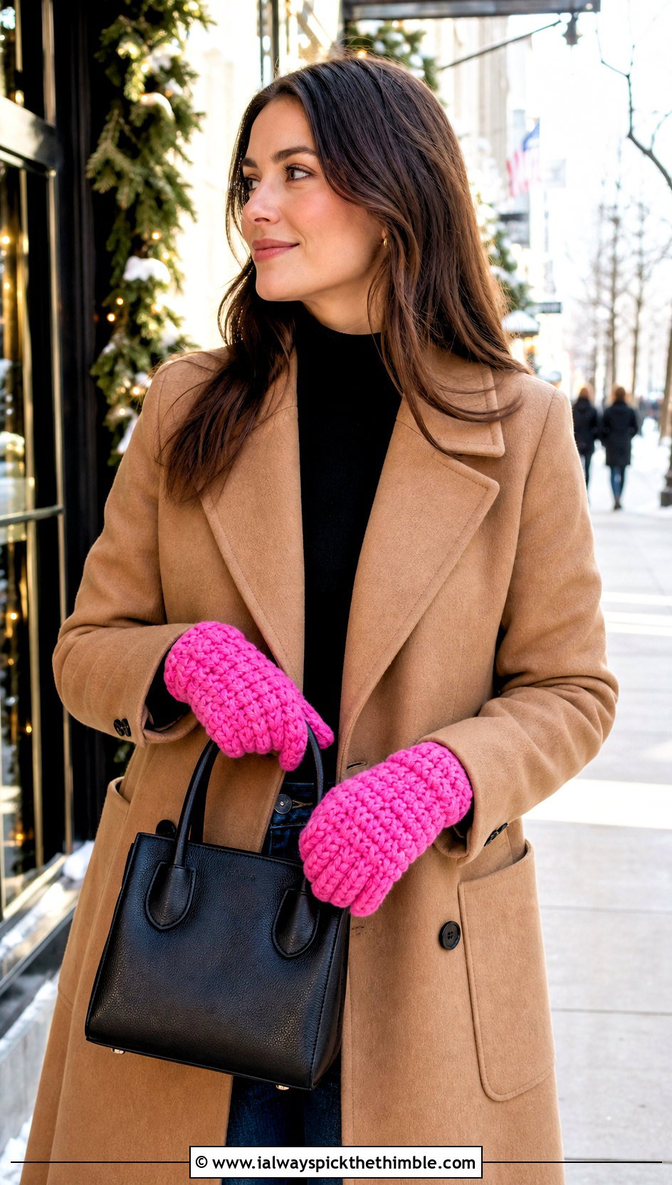 Puff Stitch Crochet Driving Gloves With Wool Coat - 20 Crochet Driving Gloves outfit ideas