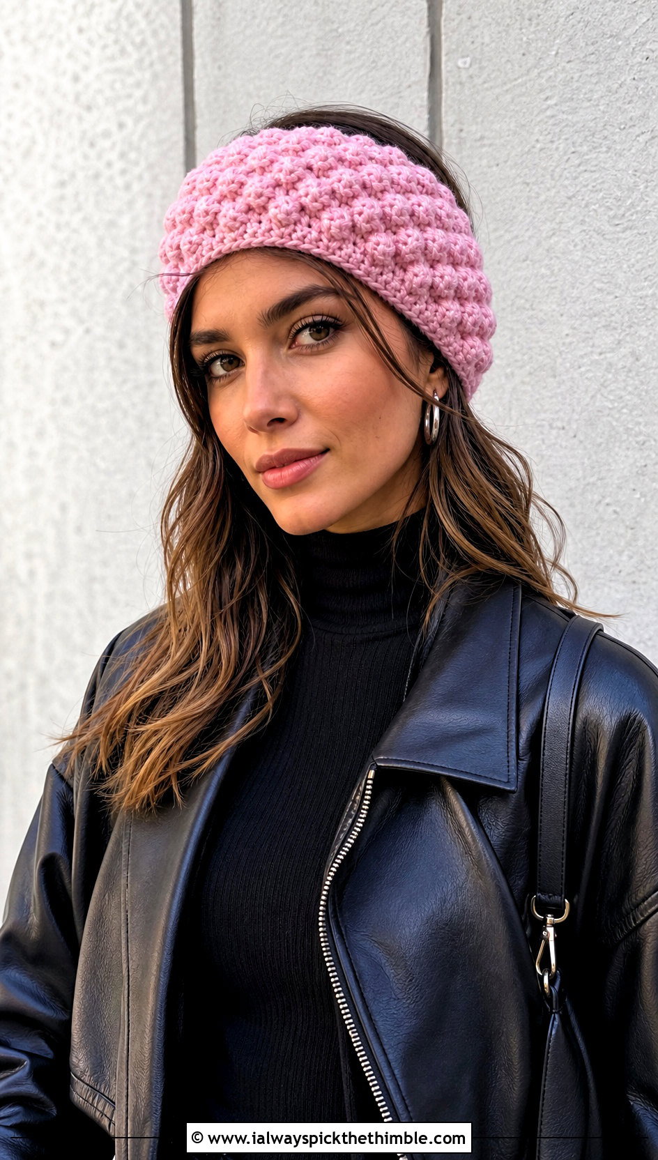 Puff Stitch Crochet Ear Warmer With Leather Jacket - 25 Easy Crochet Ear Warmer outfit ideas