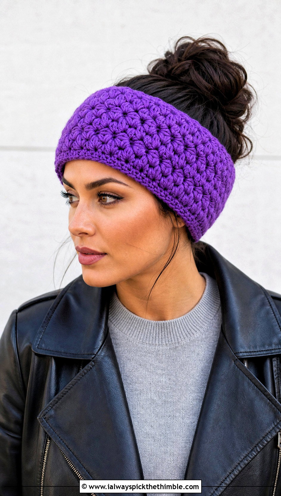 Puff Stitch Crochet Ear Warmer With Leather Jacket - 25 crochet ear warmer outfit ideas