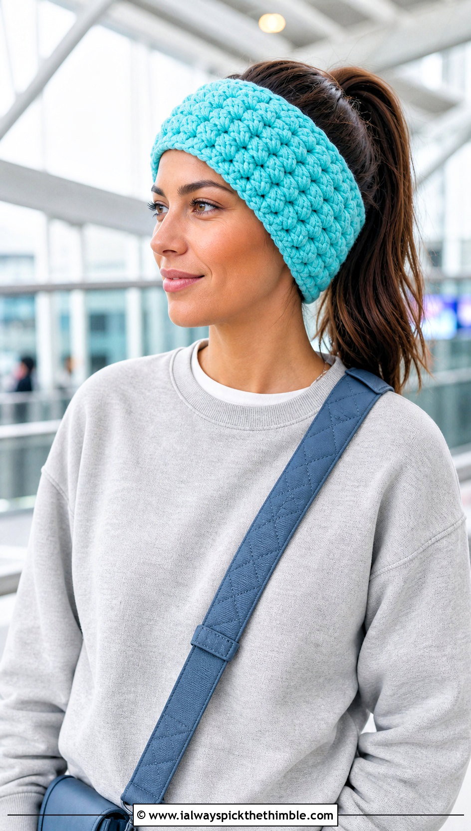 Puff Stitch Crochet Ear Warmer With Matching Sweats - 20 Crochet Headband Ear Warmer outfit ideas