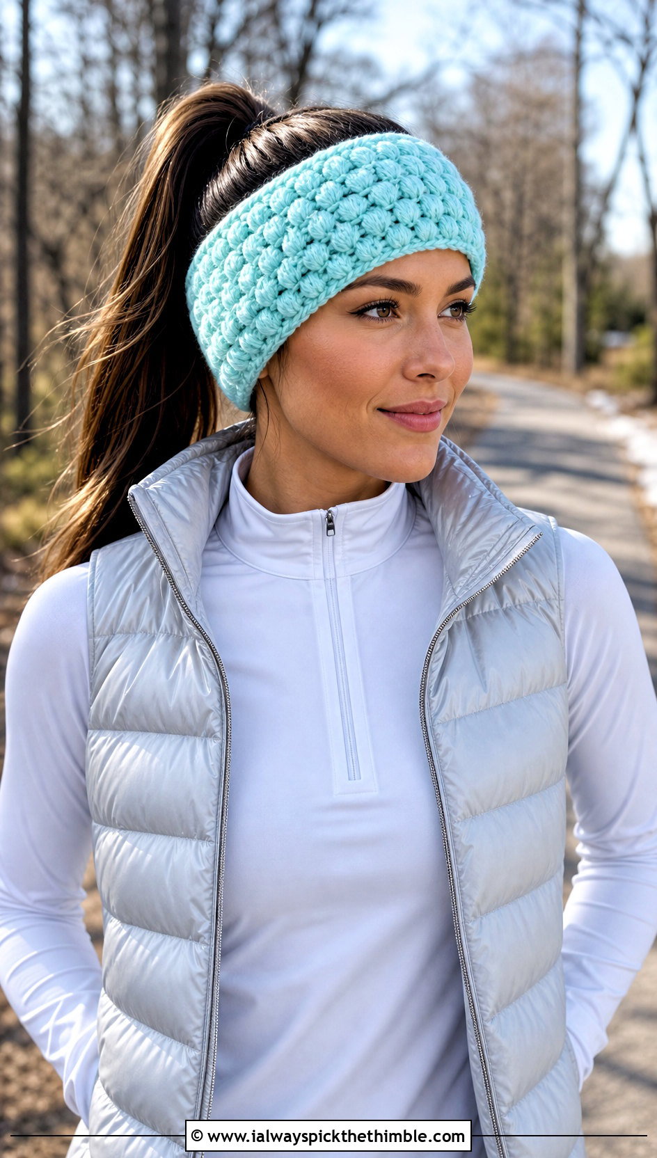 Puff Stitch Crochet Ear Warmer With Puffer Vest - 20 crochet fall headband outfit ideas
