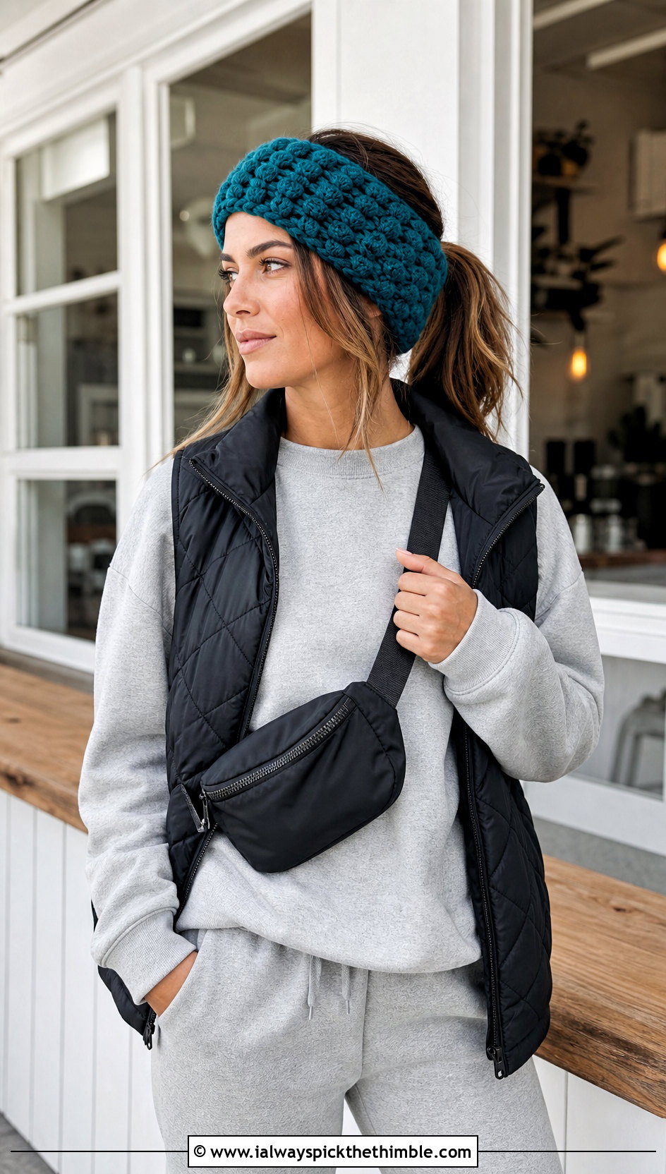Puff Stitch Crochet Ear Warmer With Sweatshirt And Joggers - 15 Easy Crochet Headband Ear Warmers outfit ideas