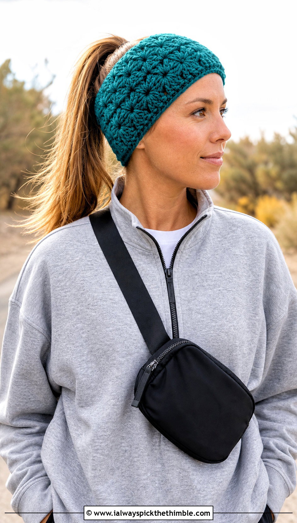 Puff Stitch Crochet Ear Warmer With Sweatshirt - 20 Beginner Crochet Ear Warmer outfit ideas