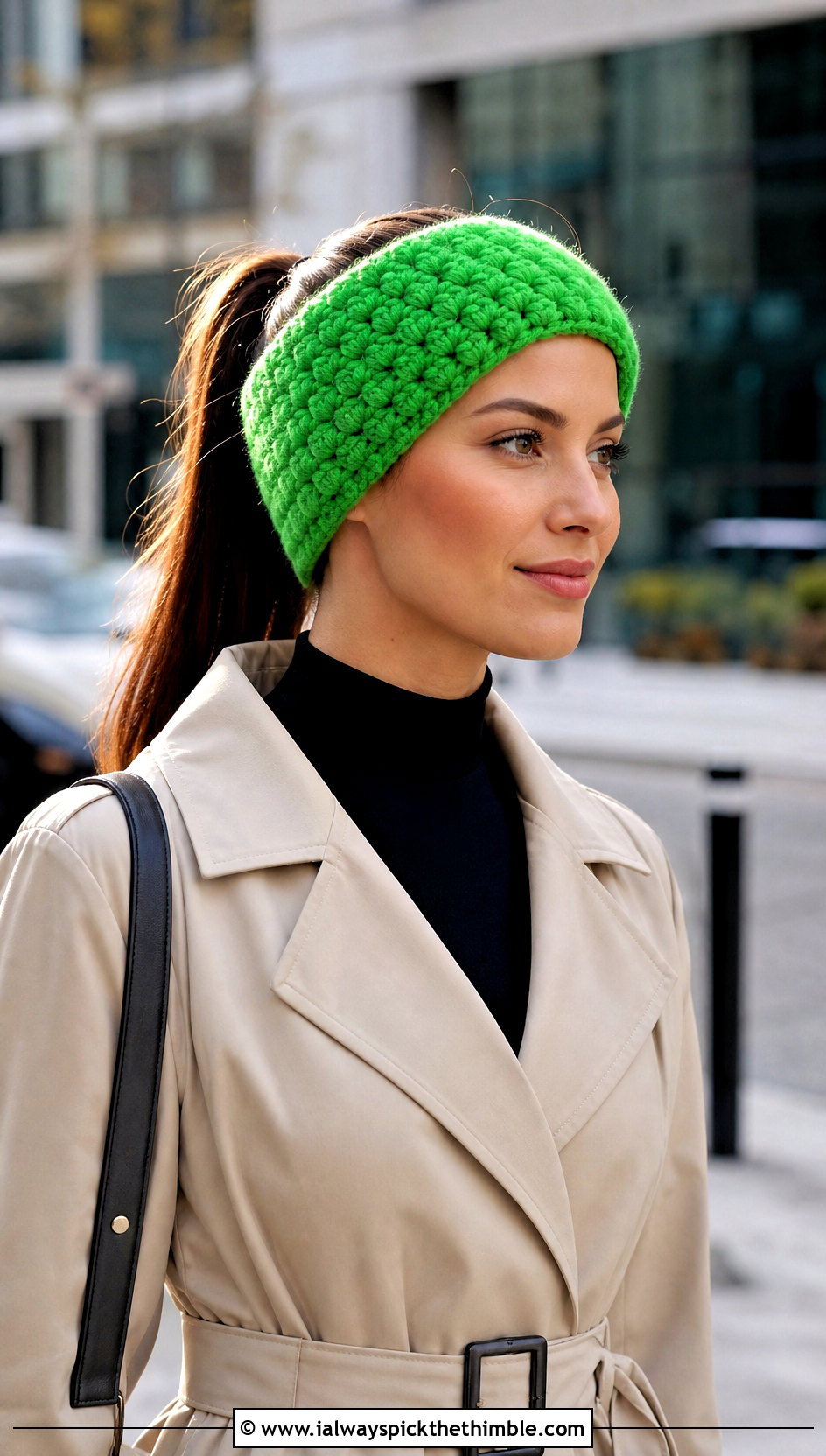Puff Stitch Crochet Ear Warmer With Trench Coat - 20 Quick Crochet Ear Warmer outfit ideas