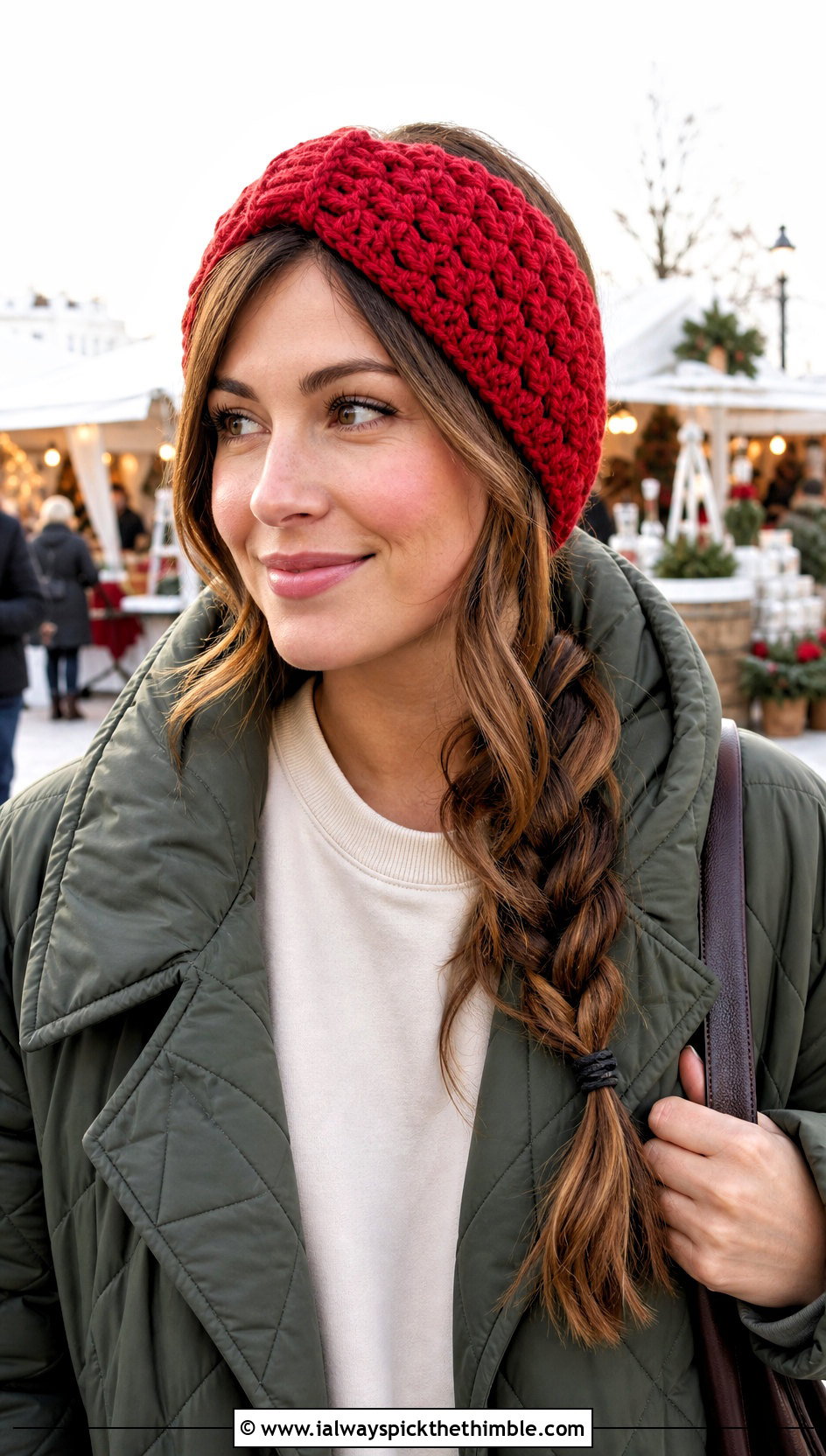 Puff Stitch Crochet Ear Wrap With Quilted Coat - 20 crochet ear wrap outfit ideas