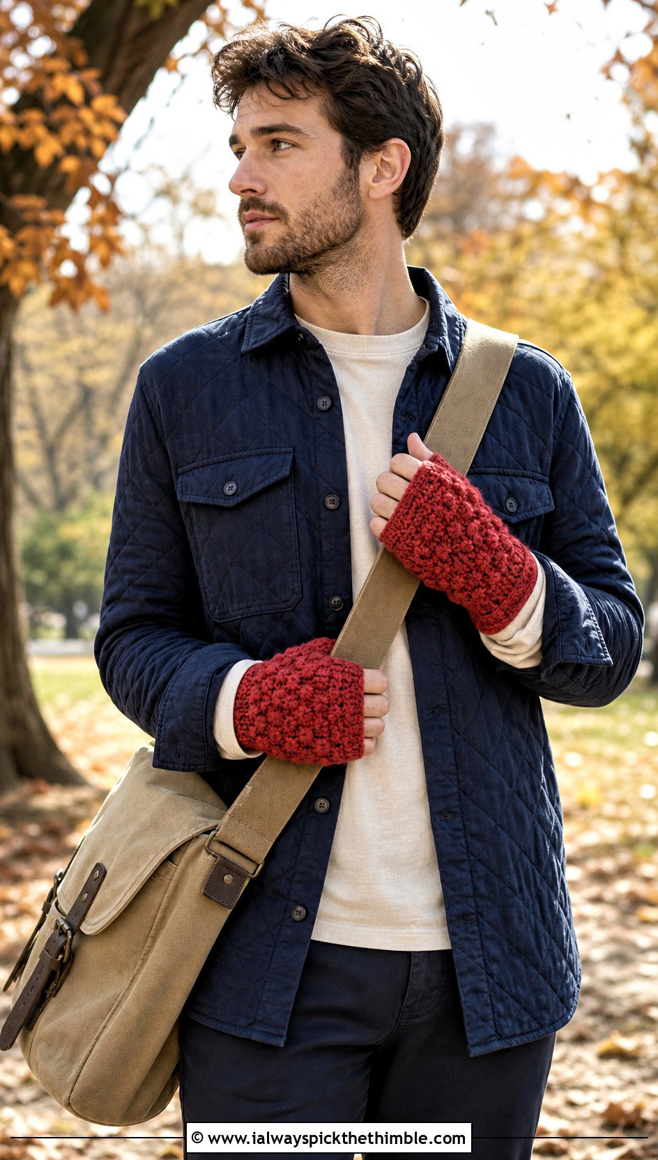 Puff Stitch Crochet Fingerless Gloves With Quilted Overshirt - 20 Crochet Mens Fingerless Gloves outfit ideas