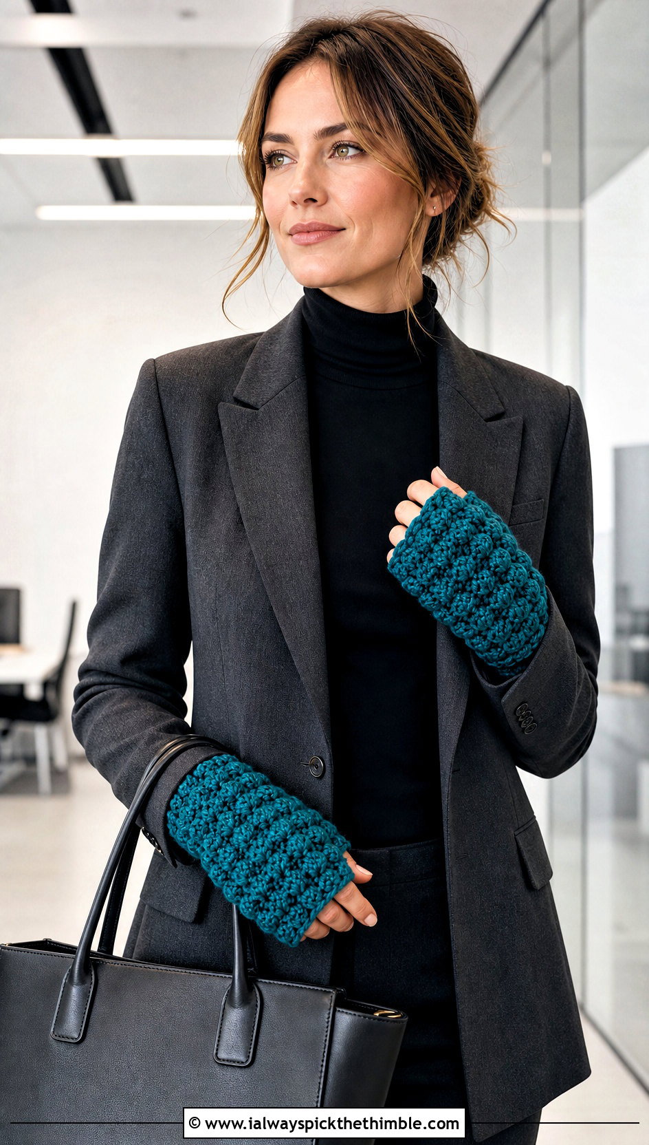 Puff Stitch Crochet Fingerless Gloves With Tailored Suit - 20 Simple Crochet Fingerless Gloves outfit ideas
