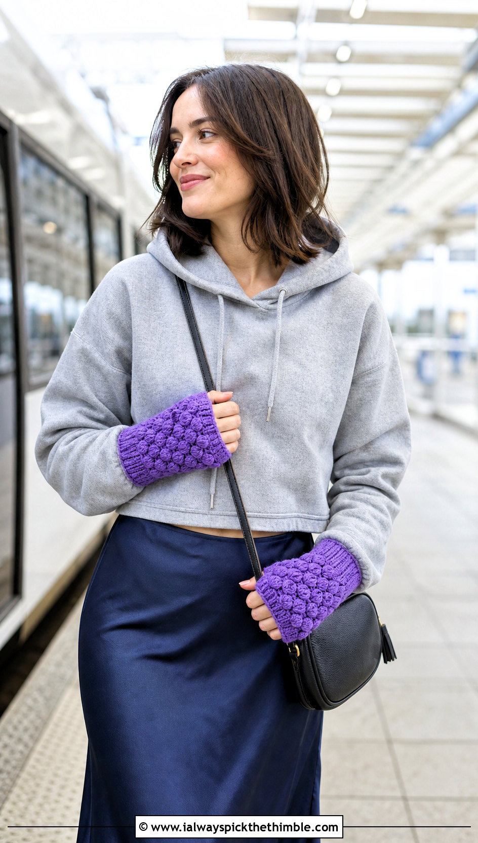 Puff Stitch Crochet Fingerless Mittens With Hoodie And Maxi Skirt - 20 crochet fingerless mittens outfit ideas