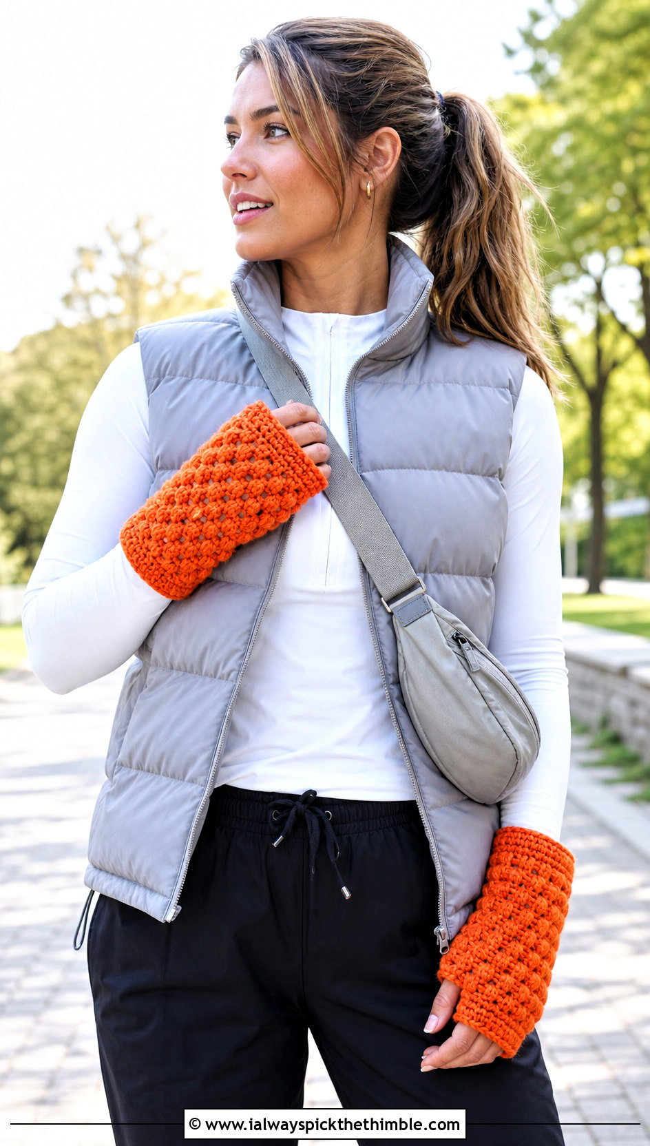 Puff Stitch Crochet Fingerless Mitts With Puffer Vest - 20 crochet half gloves fingerless mitts outfit ideas