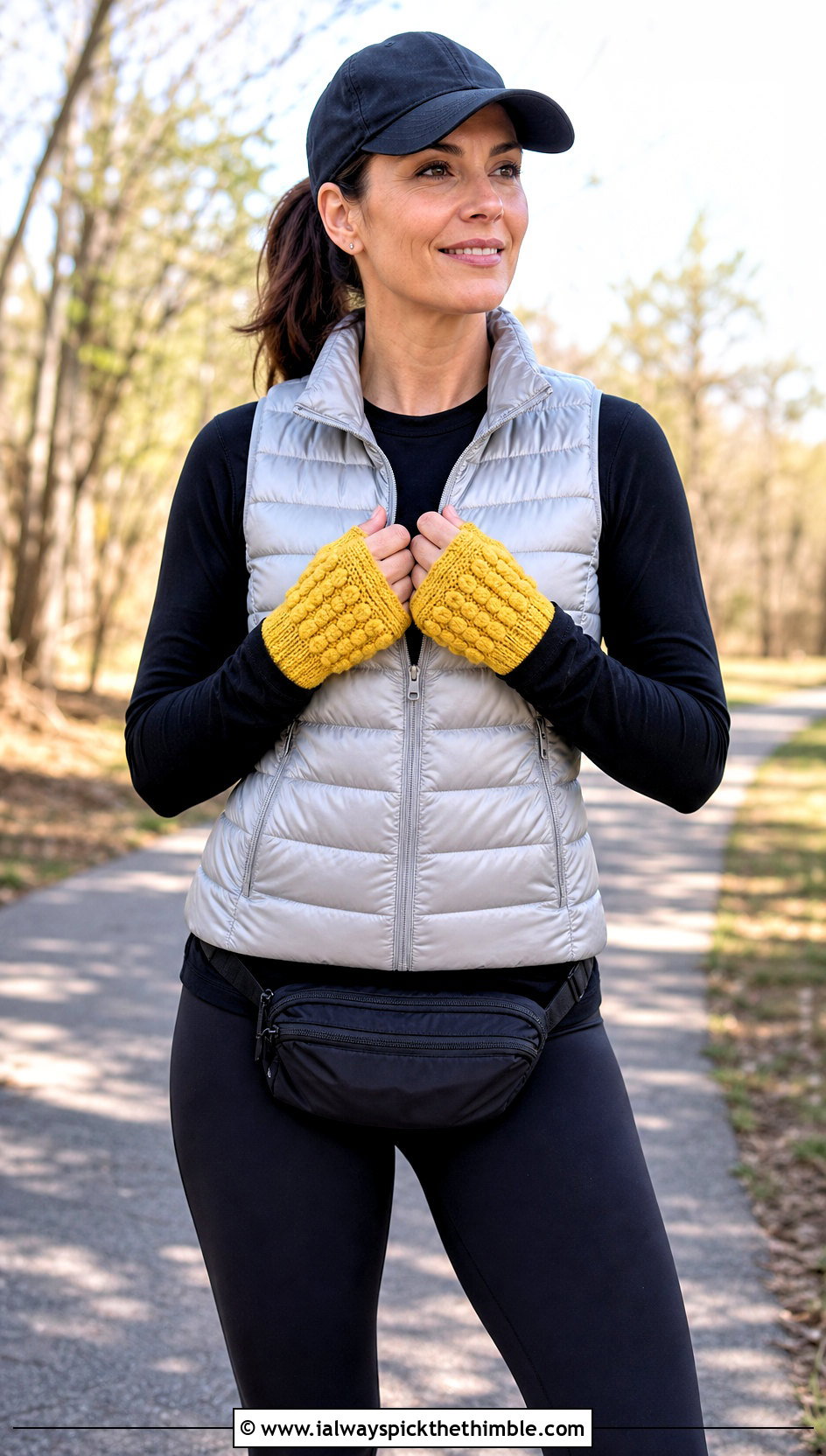 Puff Stitch Crochet Fingerless Mitts With Puffer Vest - 20 Crochet Fingerless Mitts outfit ideas