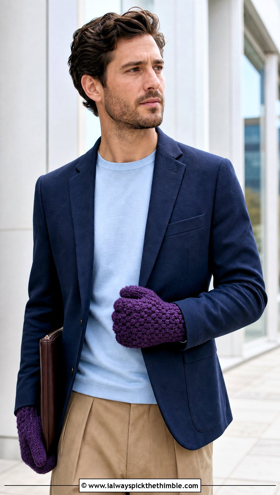 Puff Stitch Crochet Gloves With Blazer - 20 Crochet Mens Gloves outfit ideas