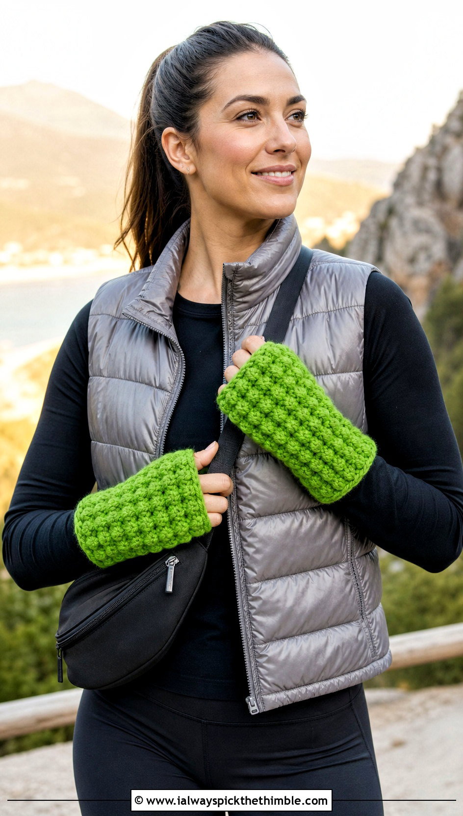 Puff Stitch Crochet Hand Warmers With Puffer Vest And Leggings - 15 crochet finger gloves outfit ideas