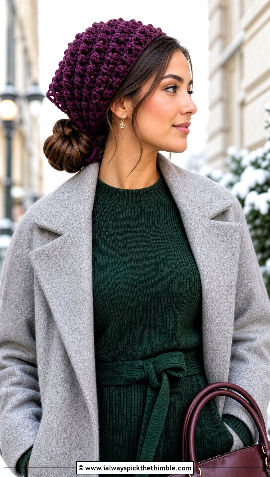 Puff Stitch Crochet Head Scarf With Sweater Dress - 25 crochet head scarf outfit ideas