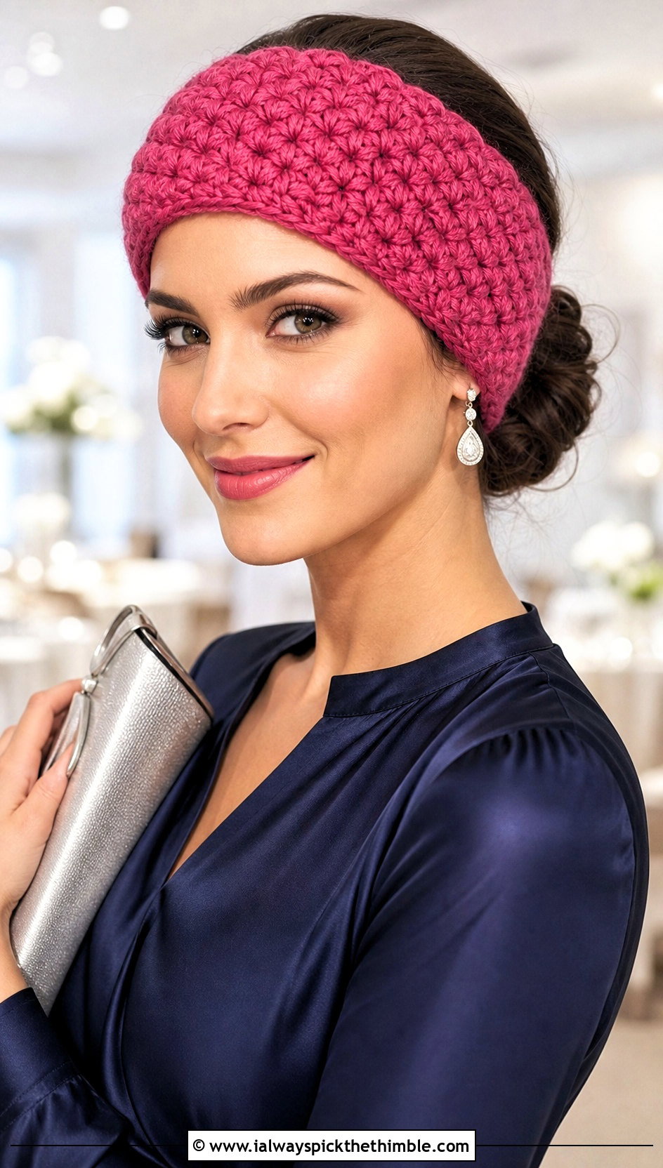 Puff Stitch Crochet Headband Ear Warmer With Satin Blouse - 20 Crochet Headband Ear Warmers outfit ideas
