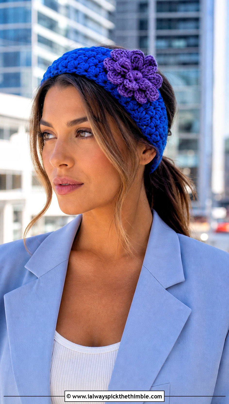 Puff Stitch Crochet Headband With Blazer And Shorts - 15 crochet headband with purple flower outfit ideas