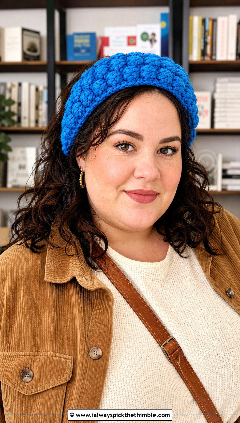 Puff Stitch Crochet Headband With Corduroy Shacket - 20 Easy Crochet Winter Headband outfit ideas