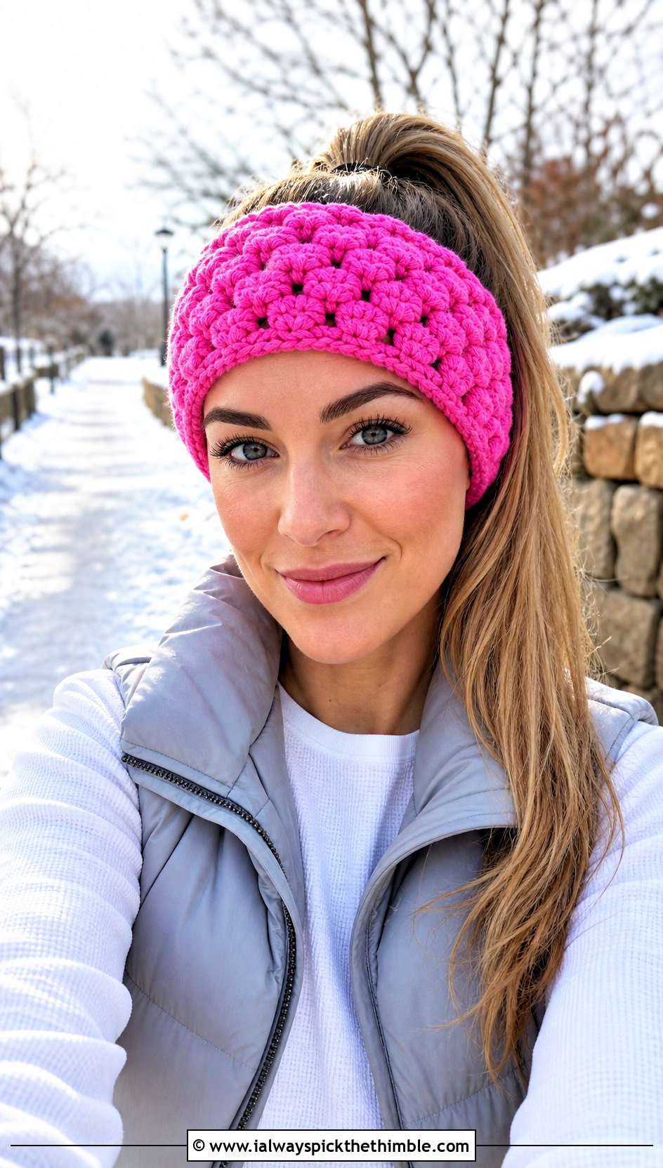 Puff Stitch Crochet Headband With Puffer Vest - 20 crochet headband for women outfit ideas