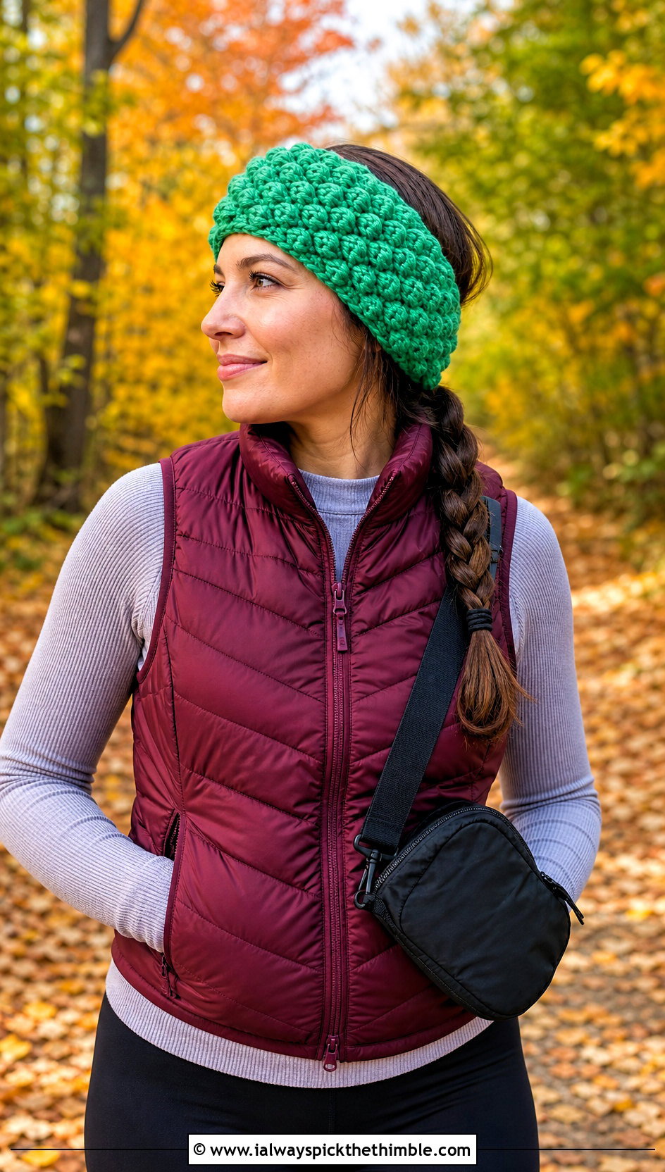 Puff Stitch Crochet Headband With Quilted Vest And Leggings - 25 simple crochet headband outfit ideas