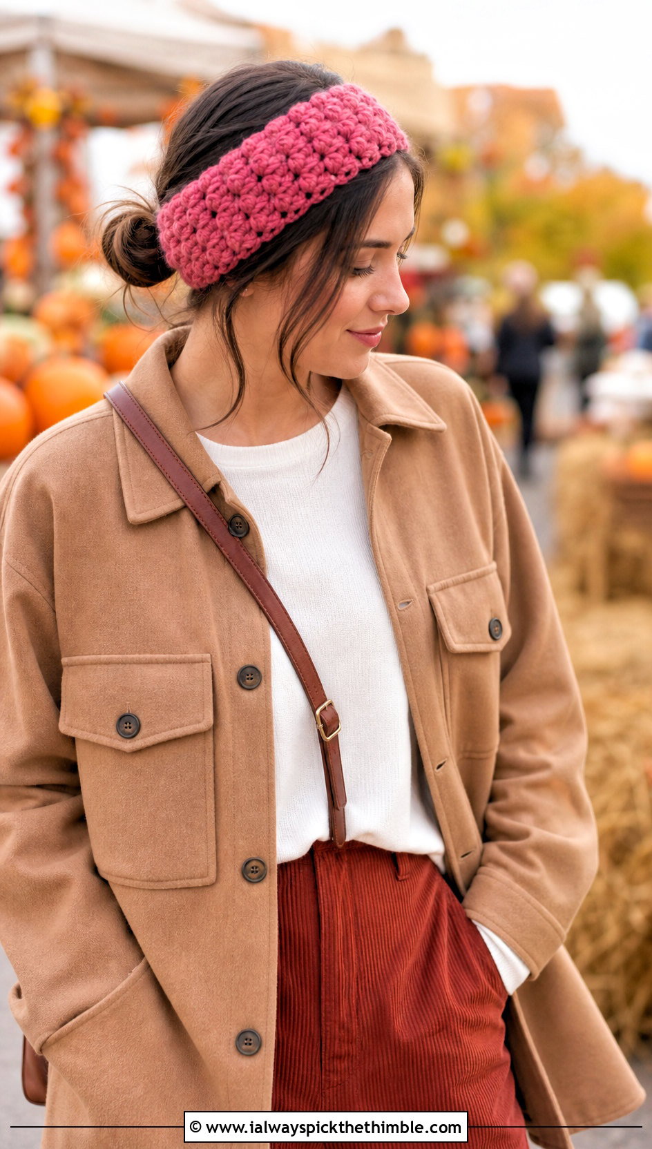 Puff Stitch Crochet Headband With Shacket And Corduroy Pants - 25 crochet headbands for women outfit ideas