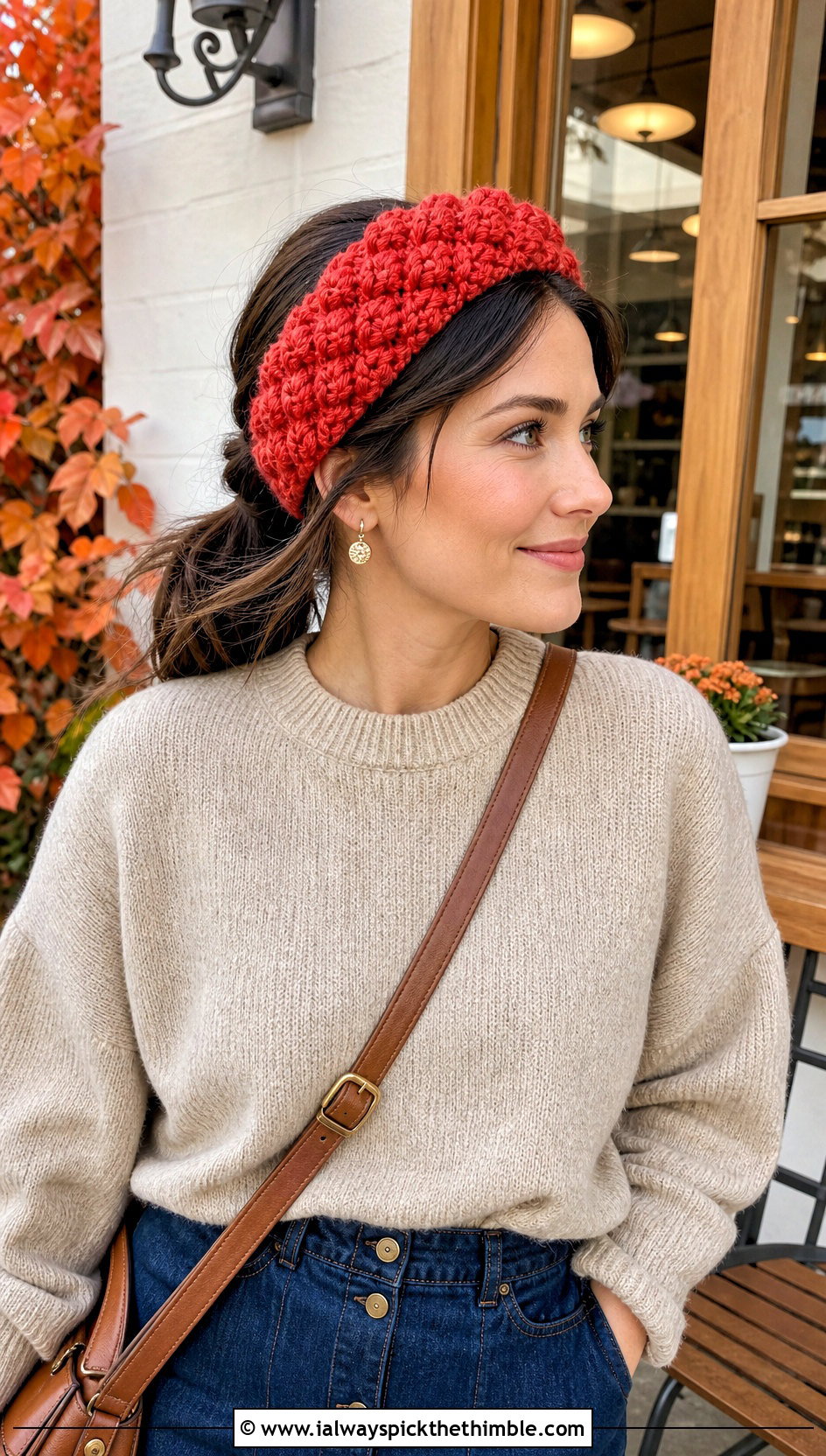 Puff Stitch Crochet Headband With Sweater And Midi Skirt - 20 quick crochet headband outfit ideas