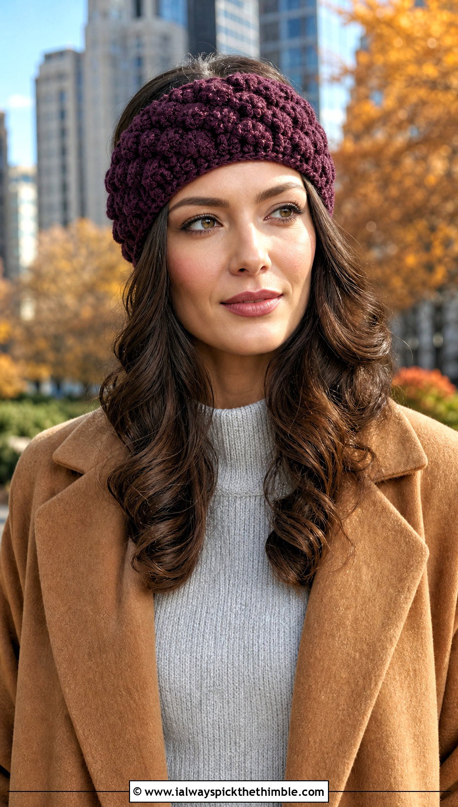 Puff Stitch Crochet Headband With Sweater Dress - 20 crochet for headbands outfit ideas
