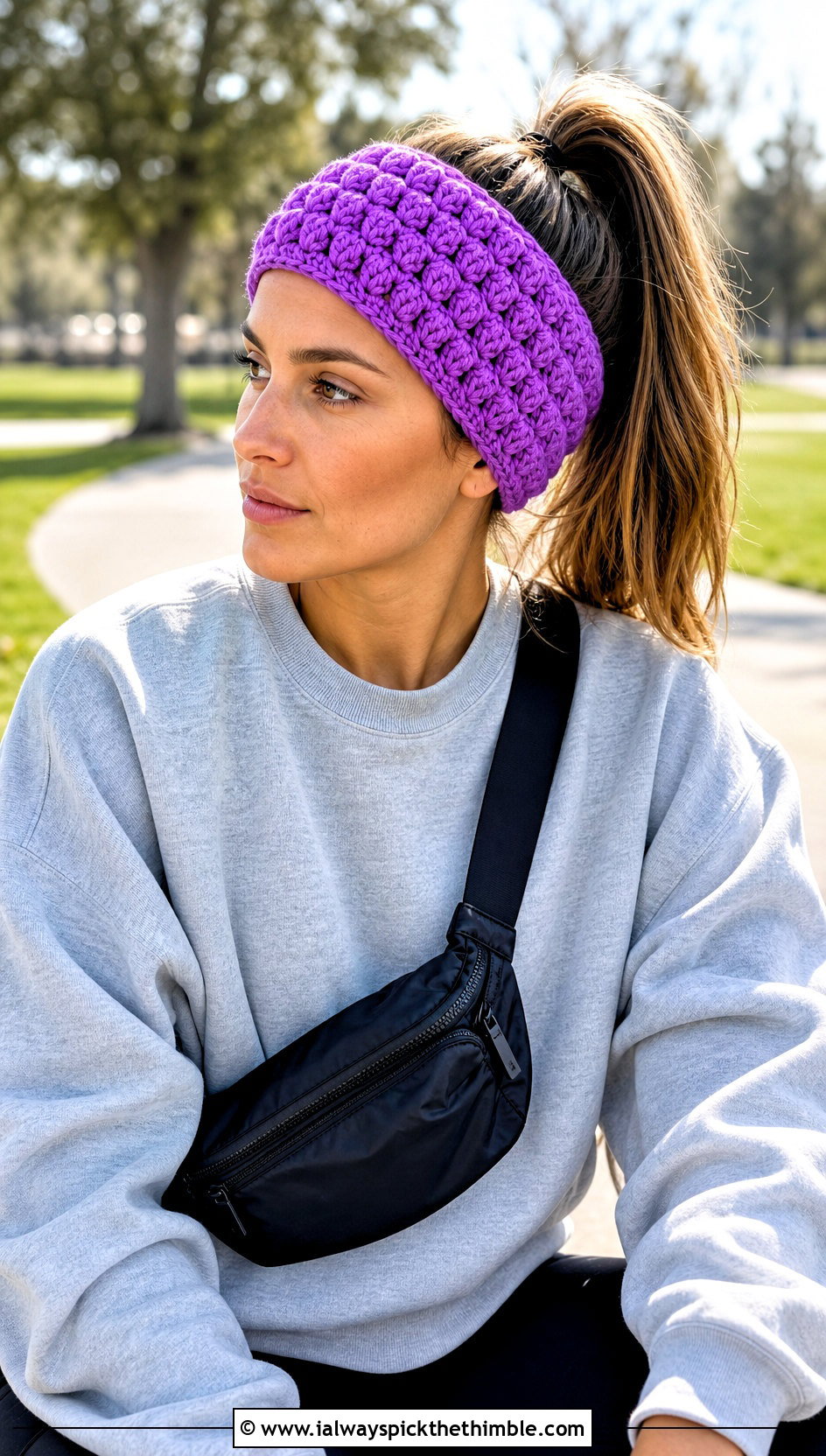 Puff Stitch Crochet Headband With Sweatshirt And Leggings - 25 crochet headbands outfit ideas