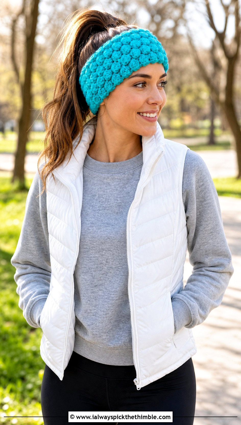 Puff Stitch Crochet Headband With Sweatshirt And Leggings - 25 crochet hair accessories head bands outfit ideas