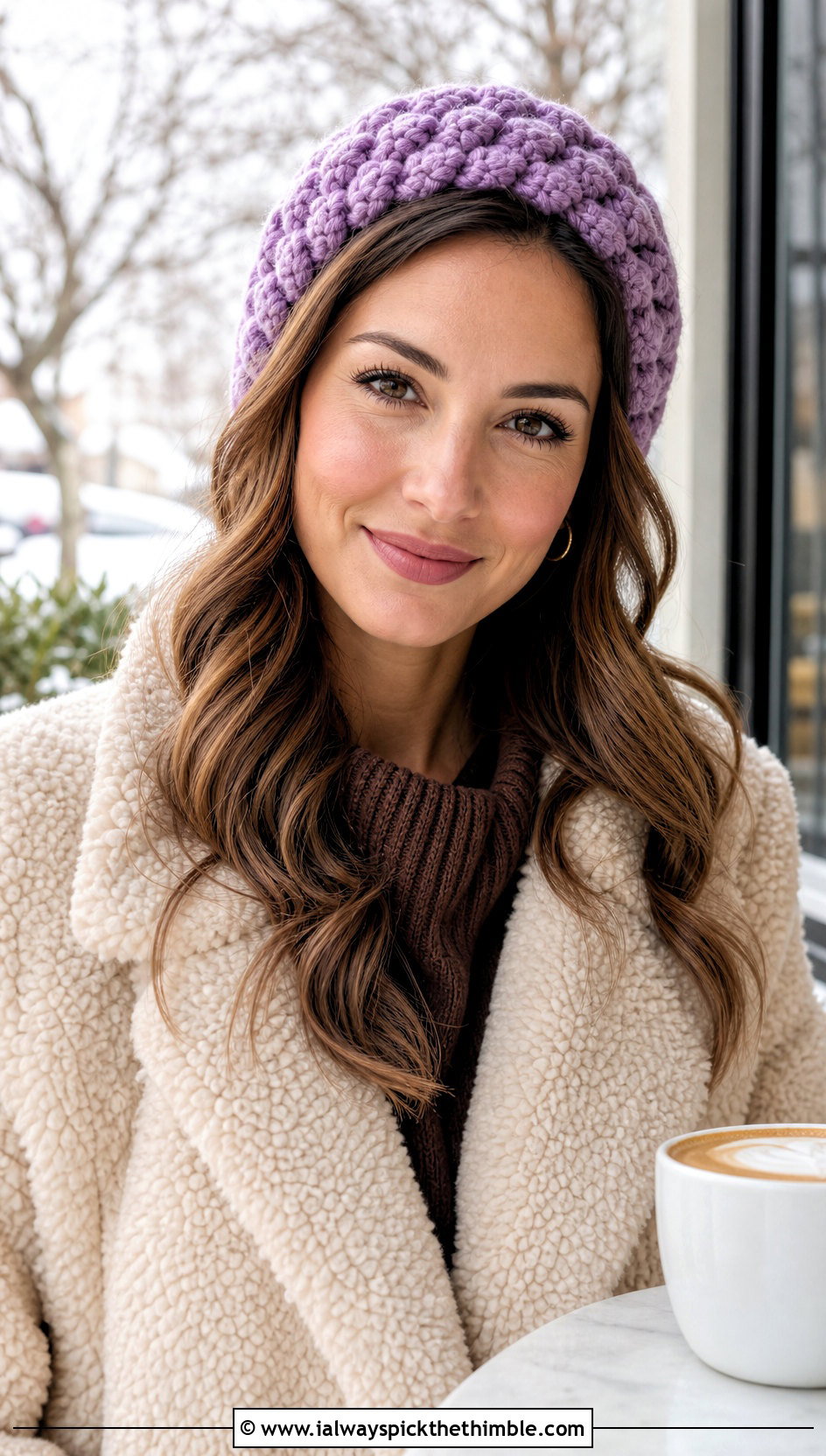 Puff Stitch Crochet Headband With Teddy Coat - 25 winter crochet headband outfit ideas
