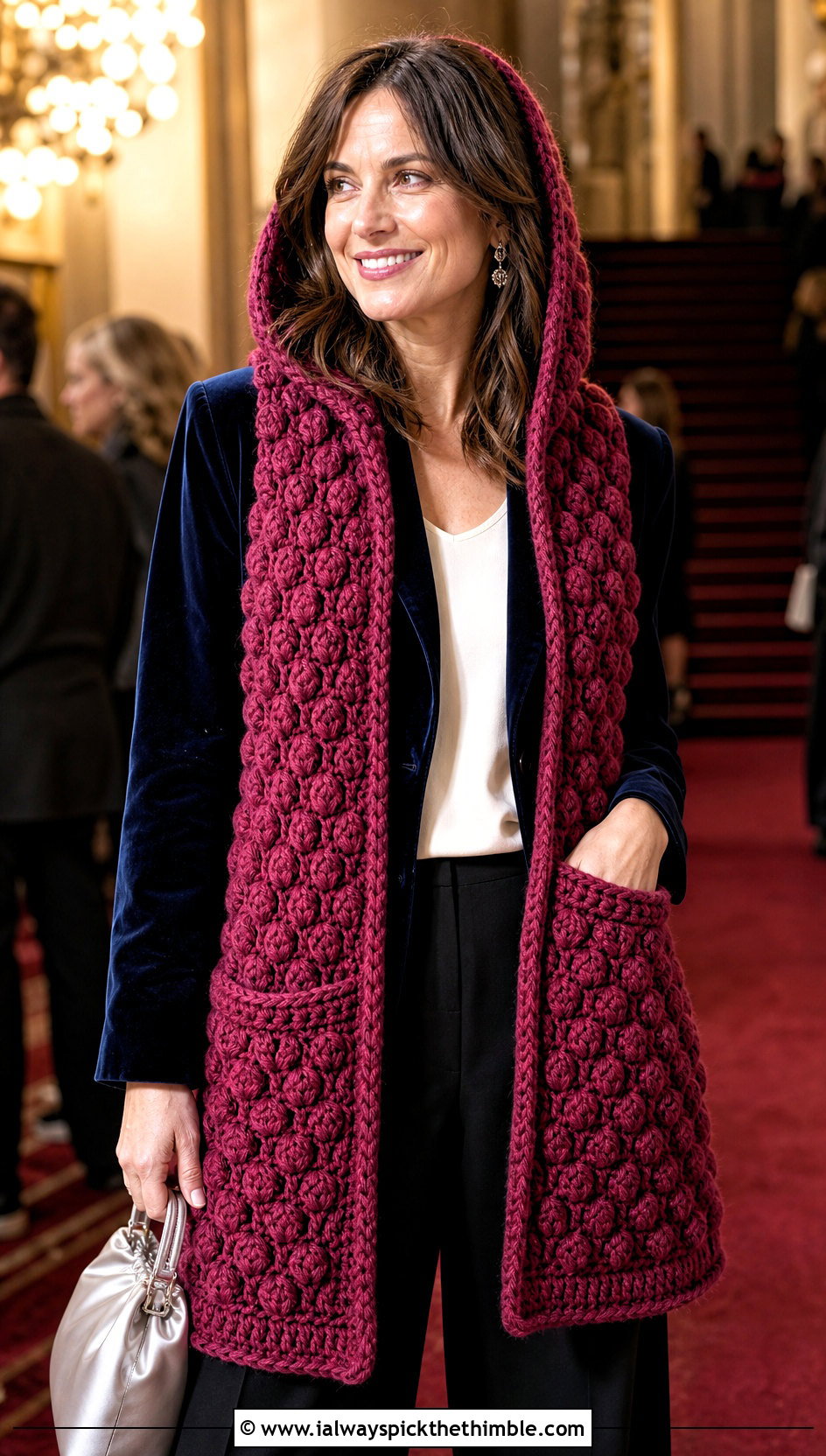 Puff Stitch Crochet Hooded Pocket Scarf With Velvet Blazer - 20 crochet hooded pocket scarf outfit ideas