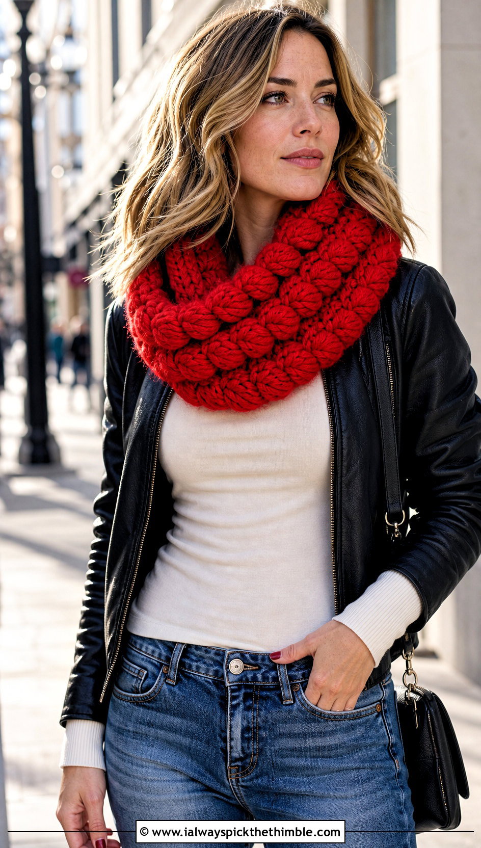 Puff Stitch Crochet Infinity Scarf With Leather Jacket - 20 crochet infinity scarves outfit ideas