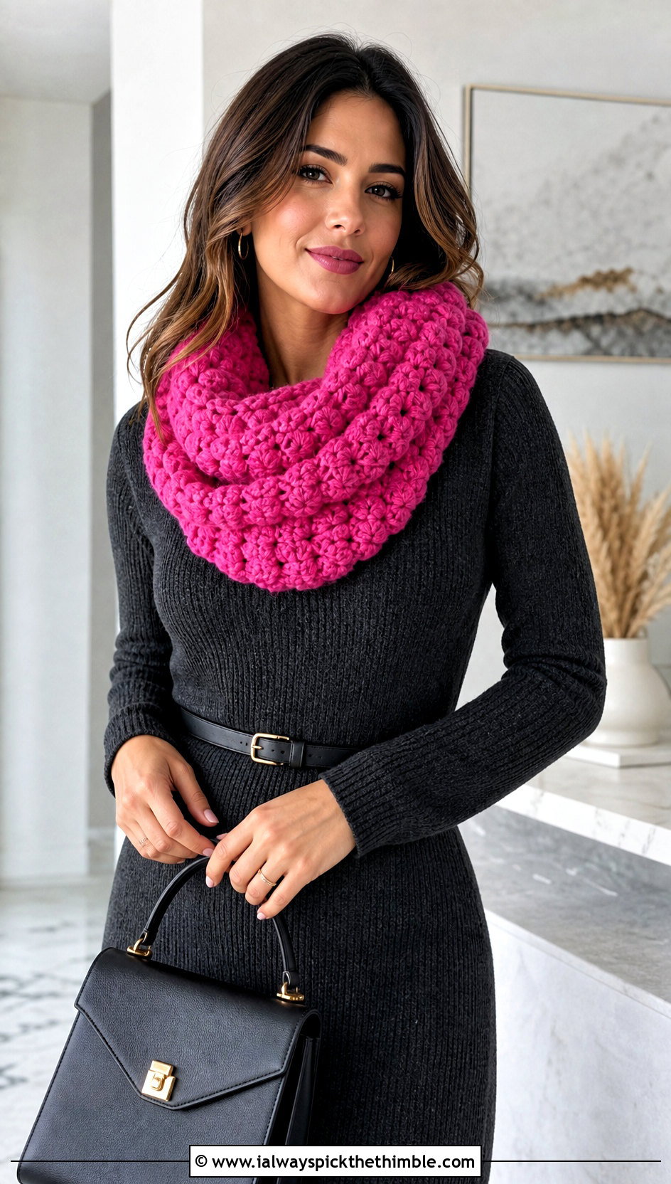 Puff Stitch Crochet Infinity Scarf With Sweater Dress - 20 easy crochet infinity scarf outfit ideas