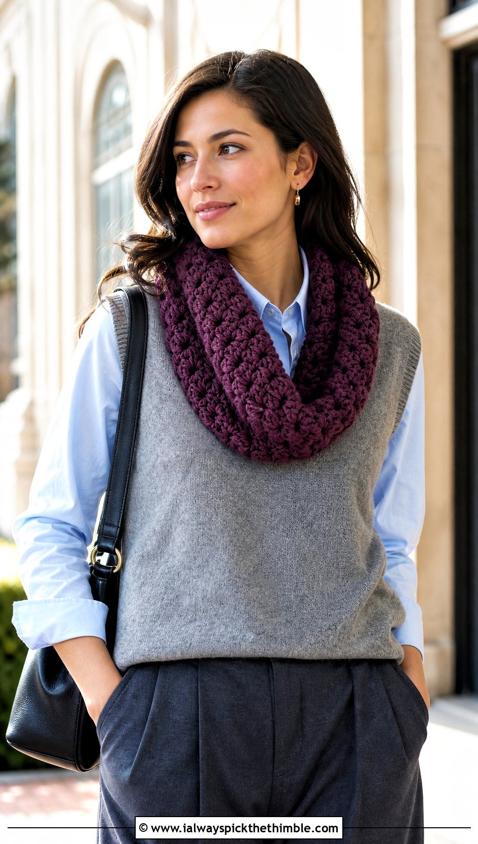 Puff Stitch Crochet Loop Scarf With Sweater Vest - 20 Crochet Loop Scarf outfit ideas