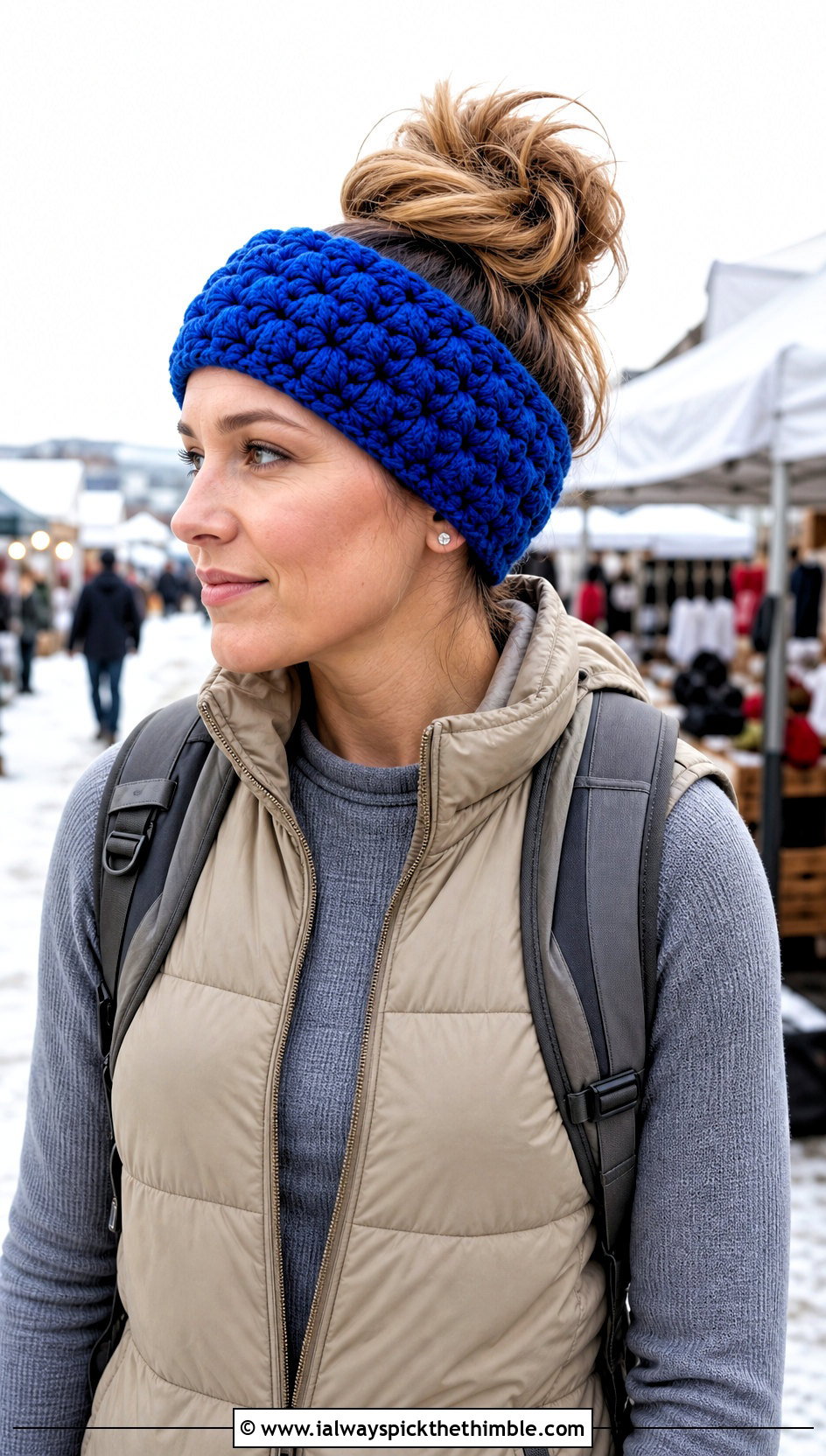 Puff Stitch Crochet Messy Bun Ear Warmer With Utility Vest - 20 Crochet Messy Bun Ear Warmer outfit ideas